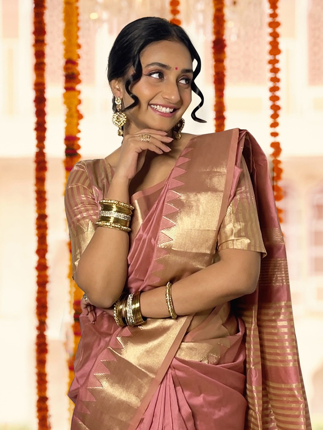 

KALINI Zari Linen Blend Kanjeevaram Saree, Bronze