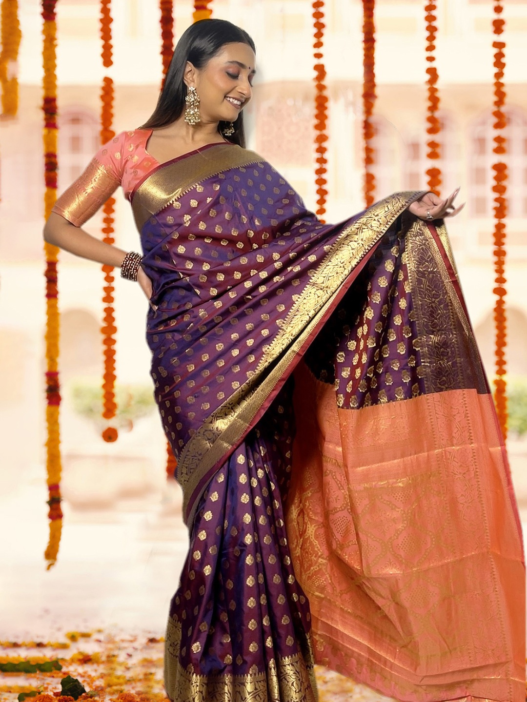 

KALINI Woven Design Zari Silk Cotton Banarasi Saree, Purple