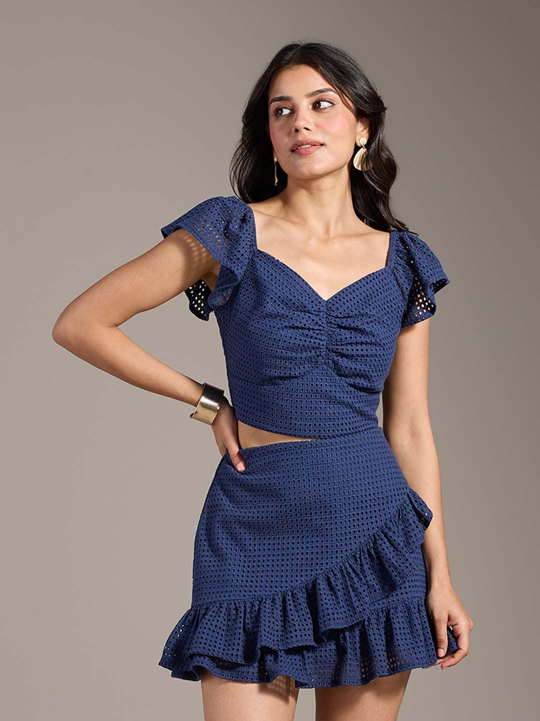 

20Dresses Self-Design Pure Cotton Top With Ruffled Mini Skirt Co-Ords, Navy blue