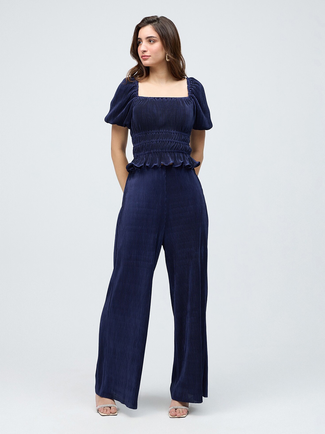 

20Dresses Self-Design Square-Neck Top With Trouser Co-Ords, Navy blue