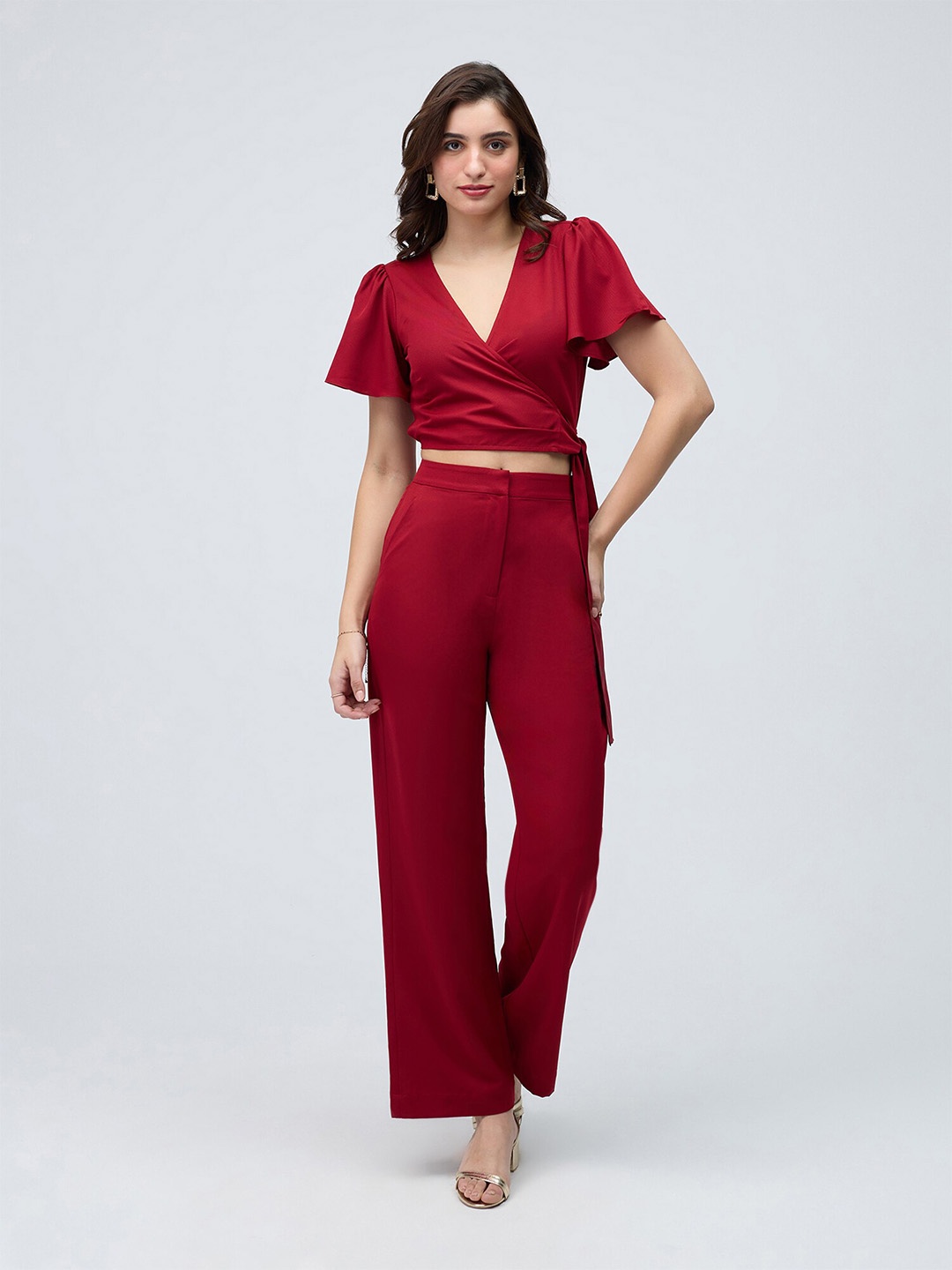 

20Dresses Overlap Neck Top & High Waist Trouser Co-Ords, Maroon