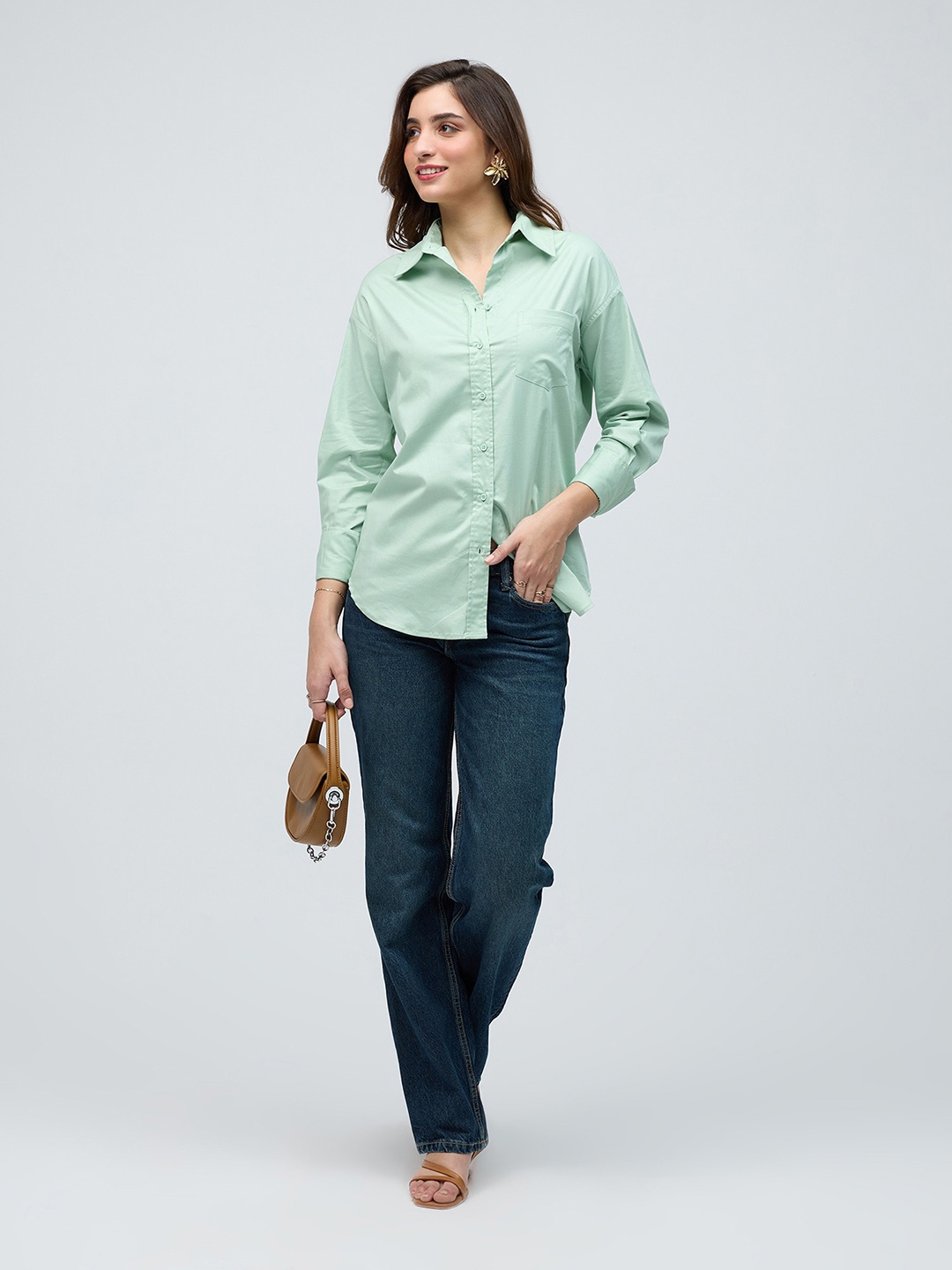 

20Dresses Mint Green Horizontal Stripes Spread Collar Casual Shirt