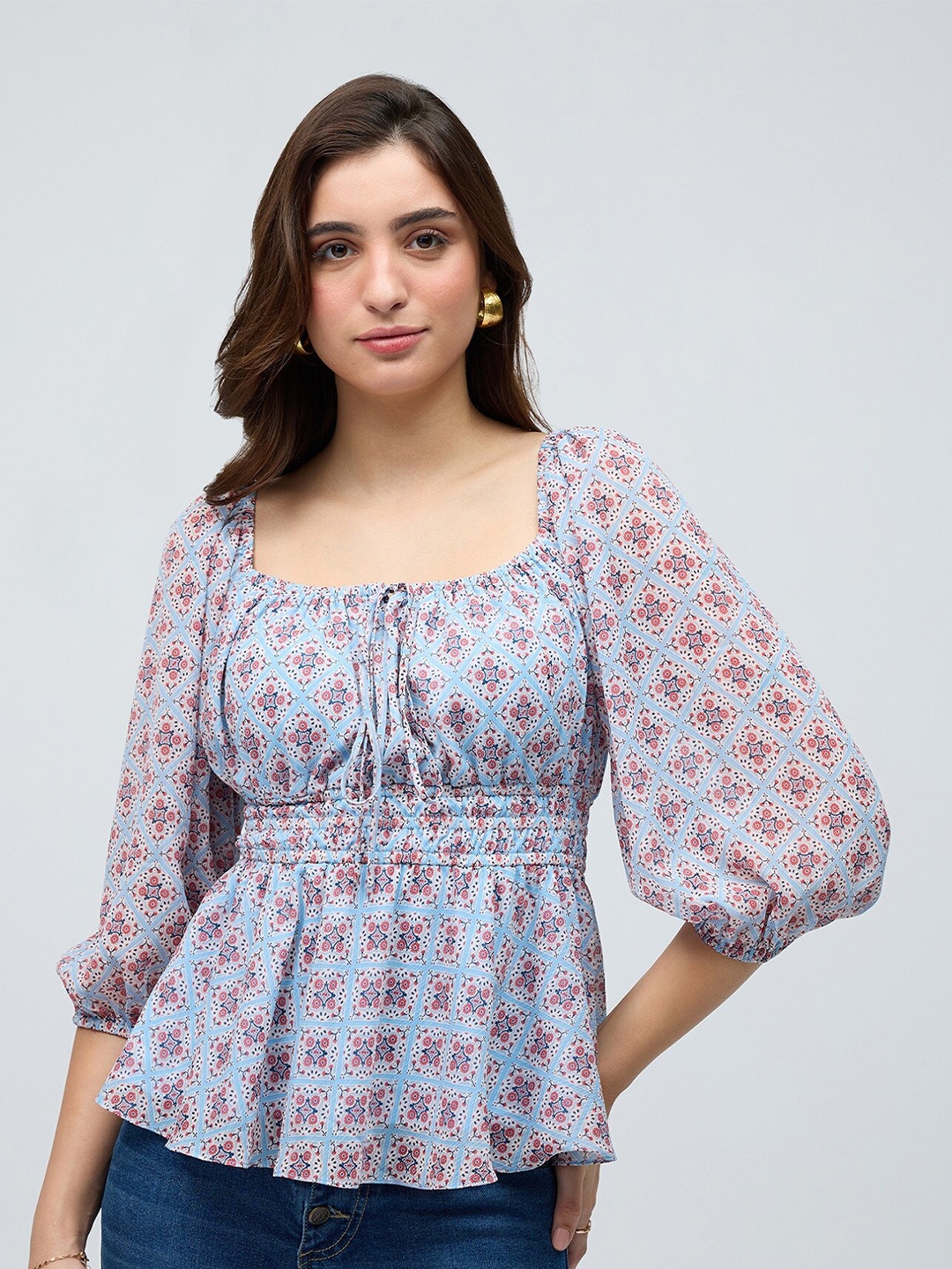 

20Dresses Blue Floral Print Square Neck Puff Sleeve Chiffon Cinched Waist Top