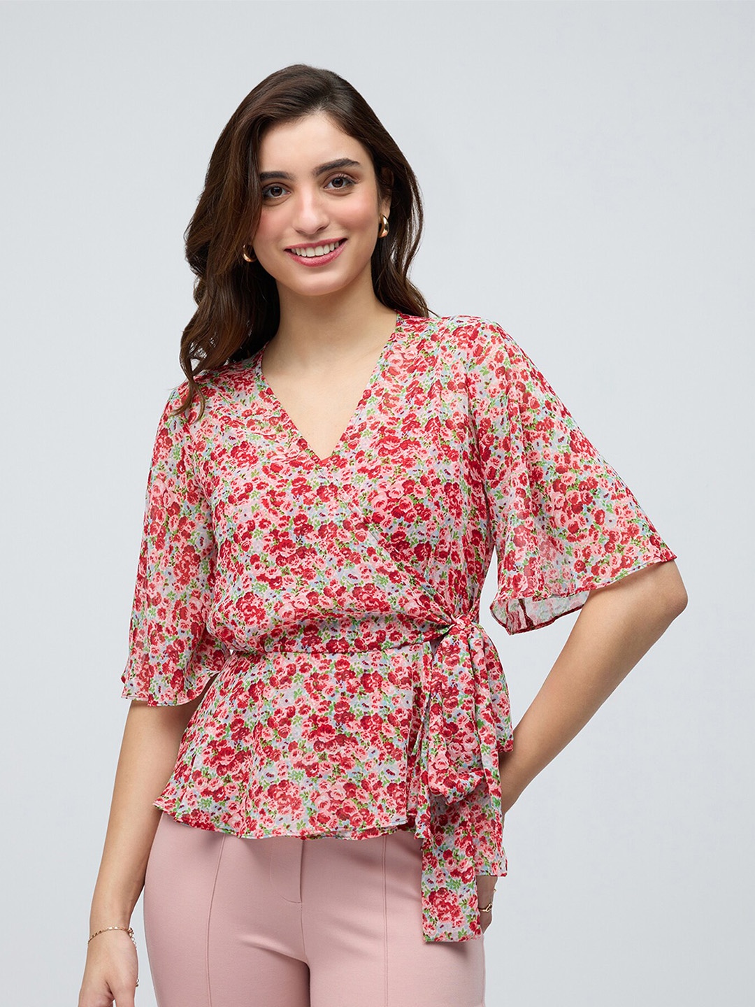

20Dresses Red Floral Print Flared Sleeve Georgette Wrap Top