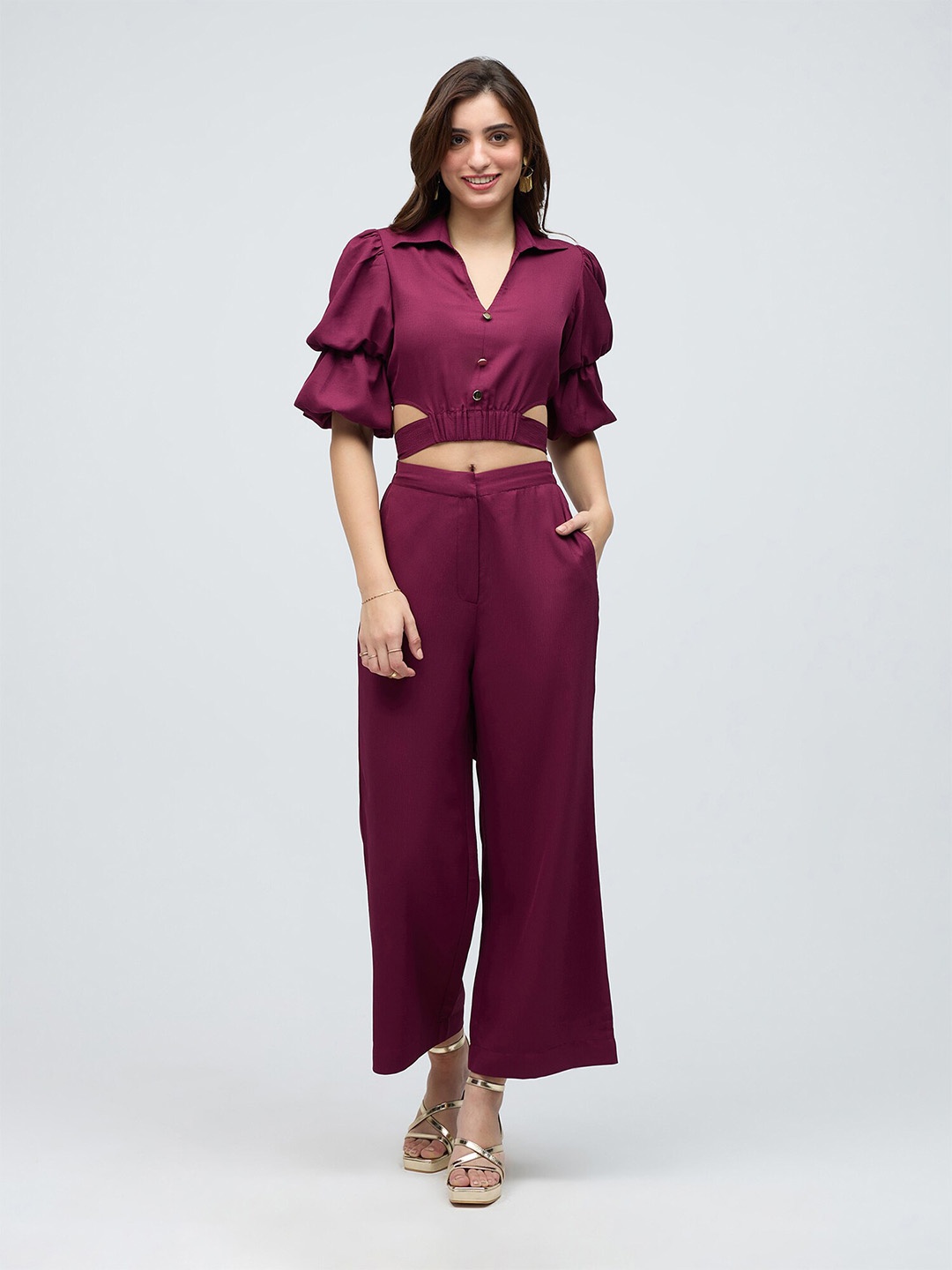 

20Dresses Puff Sleeves Top & Mid Waist Trouser Co Ords, Purple