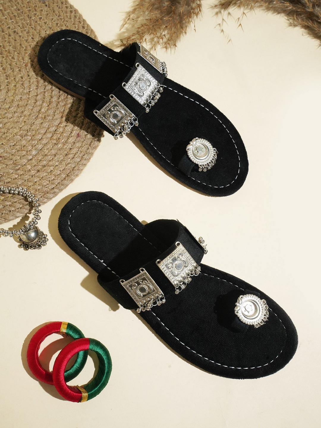 

Try Me Embellished Kolapuri Ethnic Suede One Toe Flats, Black