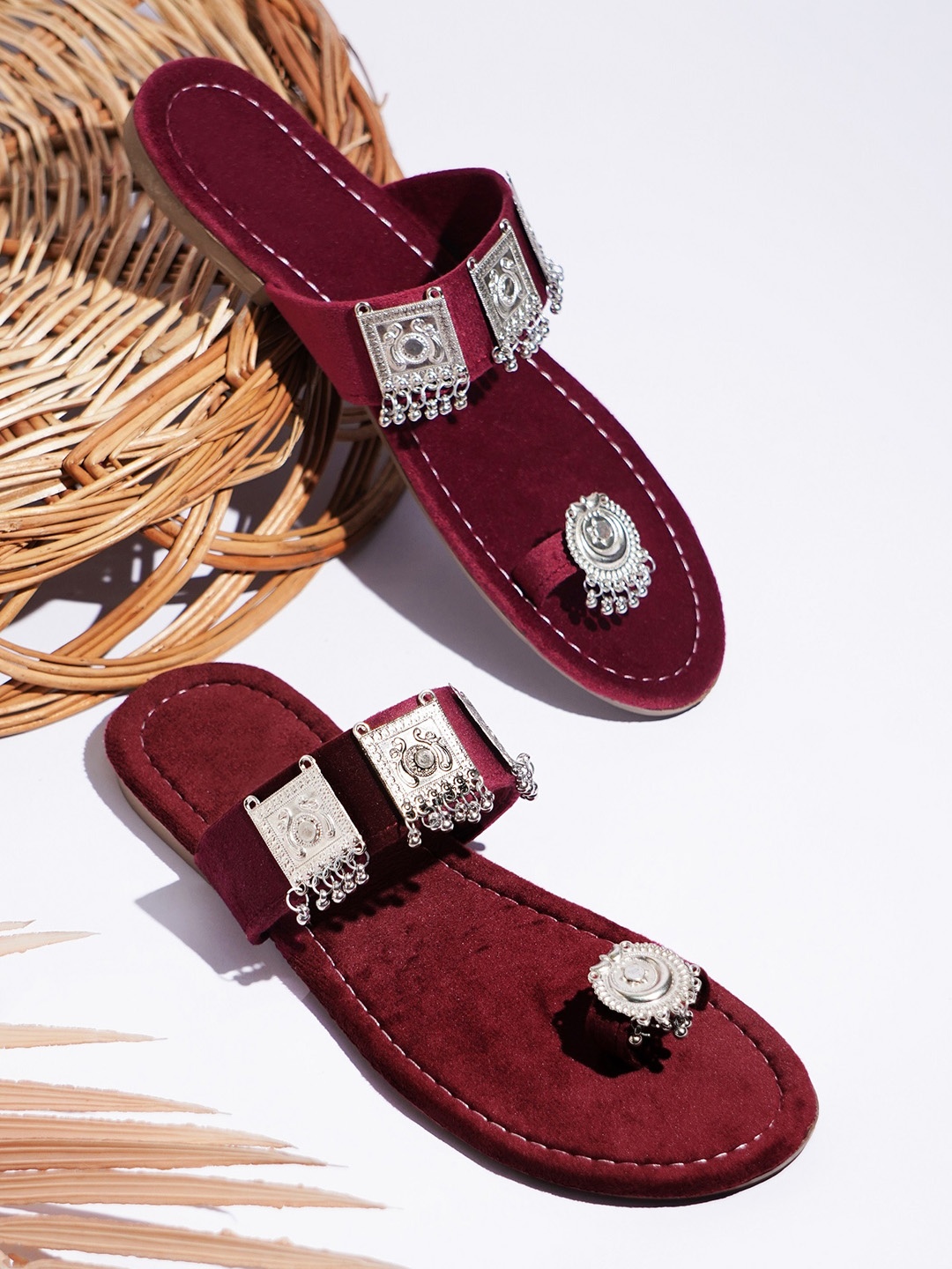 

Try Me Embellished Kolapuri Ethnic Suede One Toe Flats, Maroon