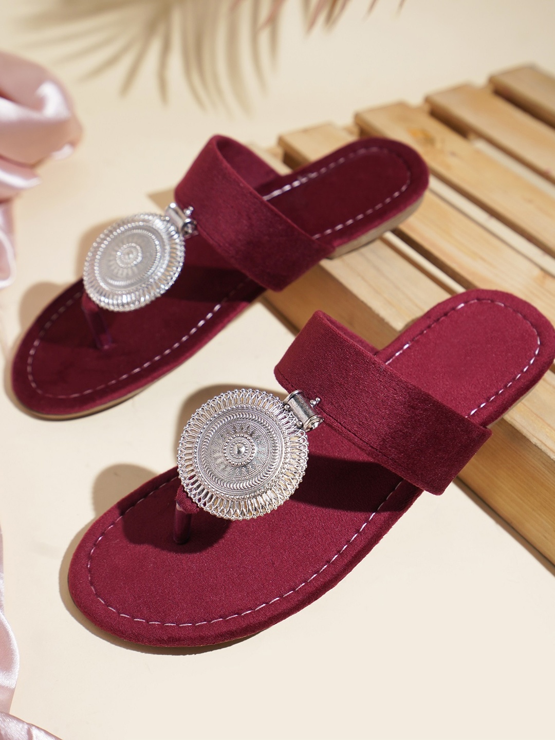 

Try Me Embellished Kolapuri Ethnic Suede Open Toe Flats, Maroon