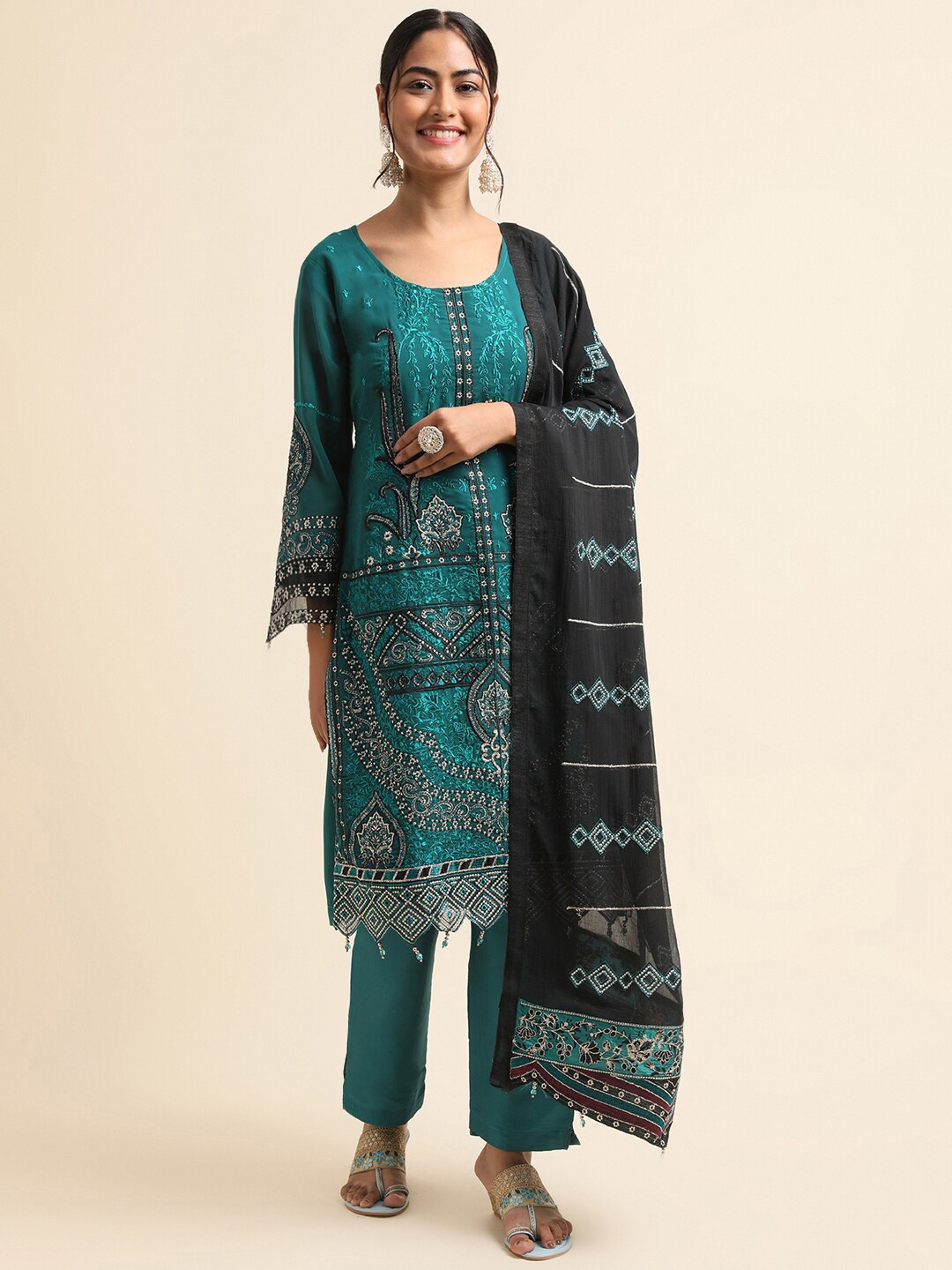 

Chandbaali Embroidered Pakistani Semi-Stitched Dress Material, Teal