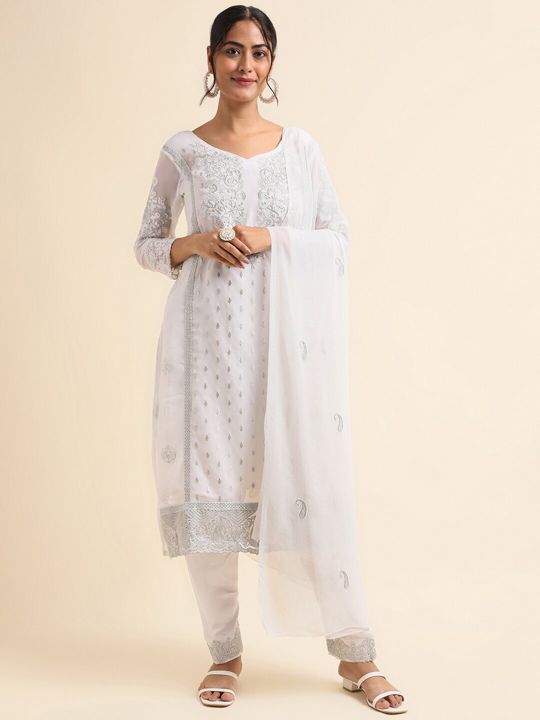 

Chandbaali Embroidered Pakistani Semi-Stitched Dress Material, White