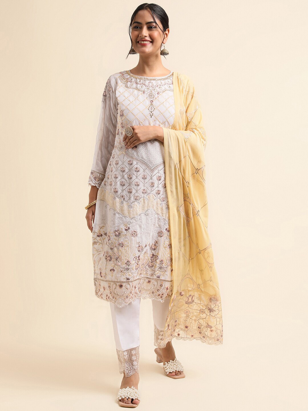 

Chandbaali Embroidered Pakistani Semi-Stitched Dress Material, White