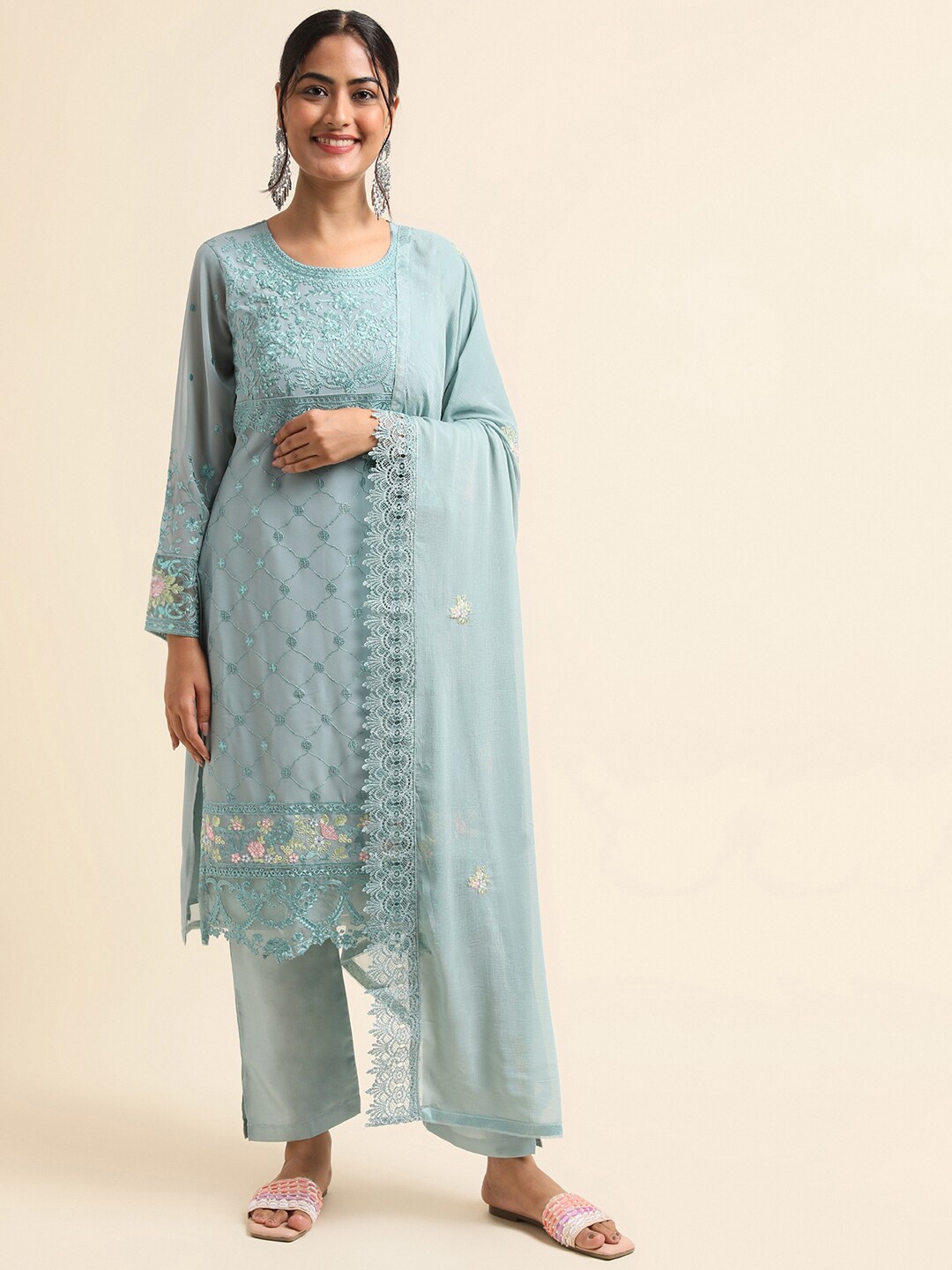

Chandbaali Embroidered Pakistani Semi-Stitched Dress Material, Blue