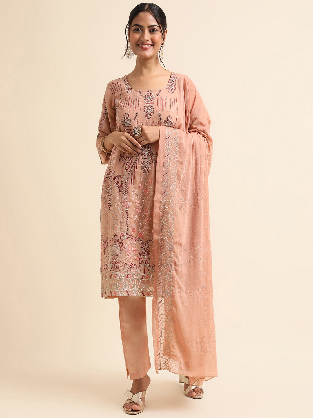 

Chandbaali Ethnic Motifs Embroidered Pakistani Style Semi Stitched Dress Material, Peach