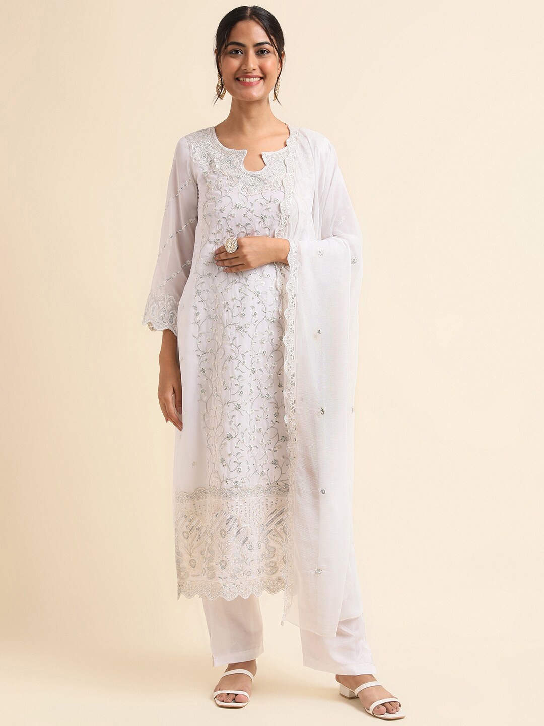 

Chandbaali Floral Embroidered Pakistani Style Semi Stitched Dress Material, White