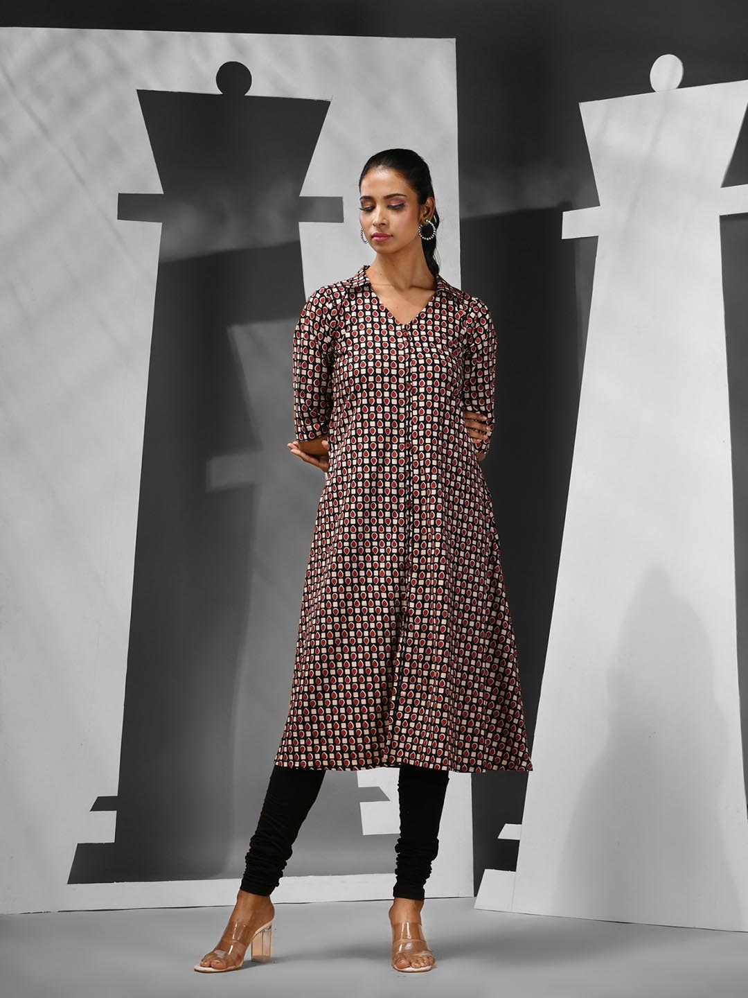 

Charukriti Geometric Printed V-Neck Cotton A-line Kurta, Black