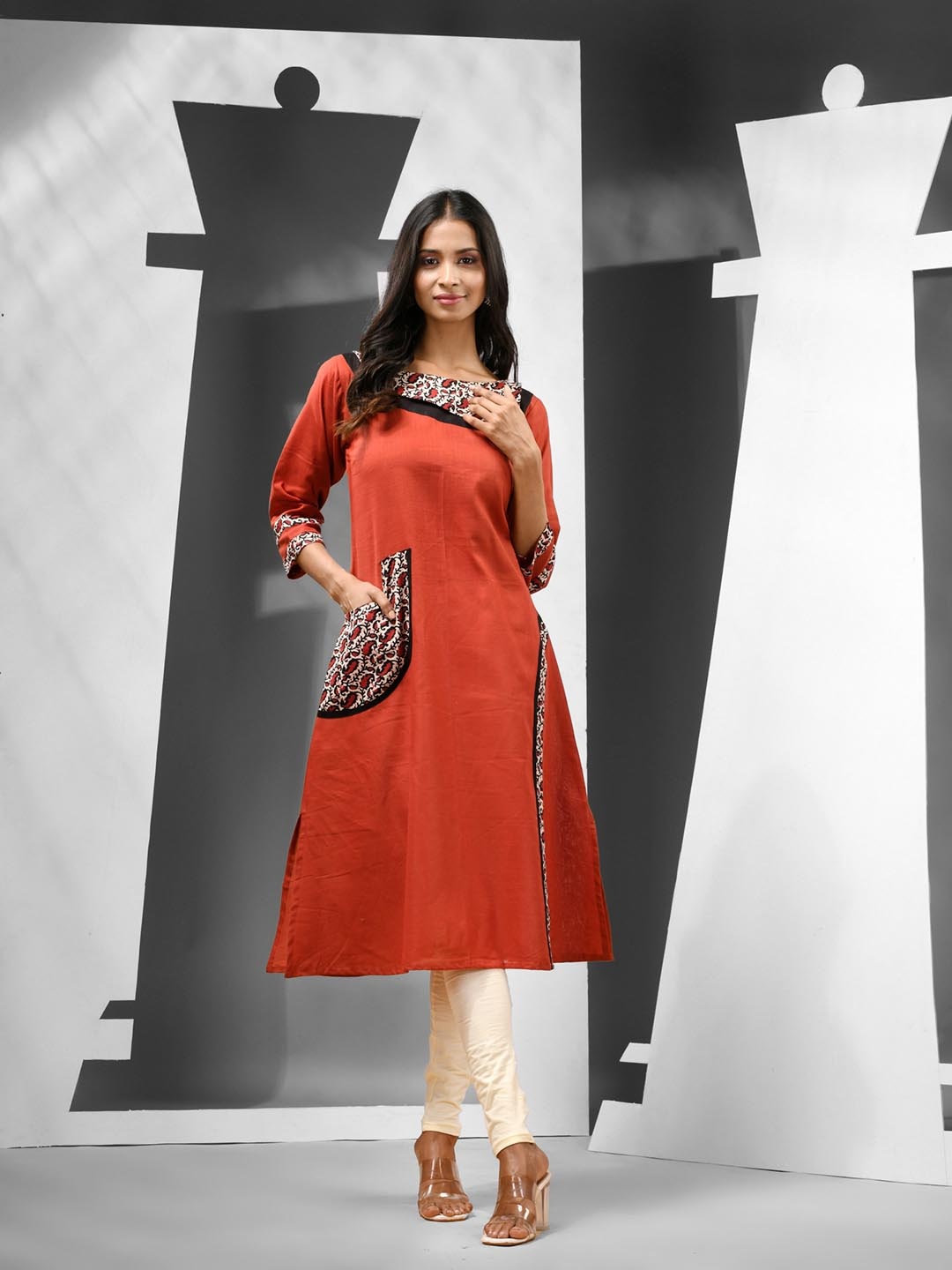 

Charukriti Round Neck Patchwork Cotton A Line Kurta, Rust