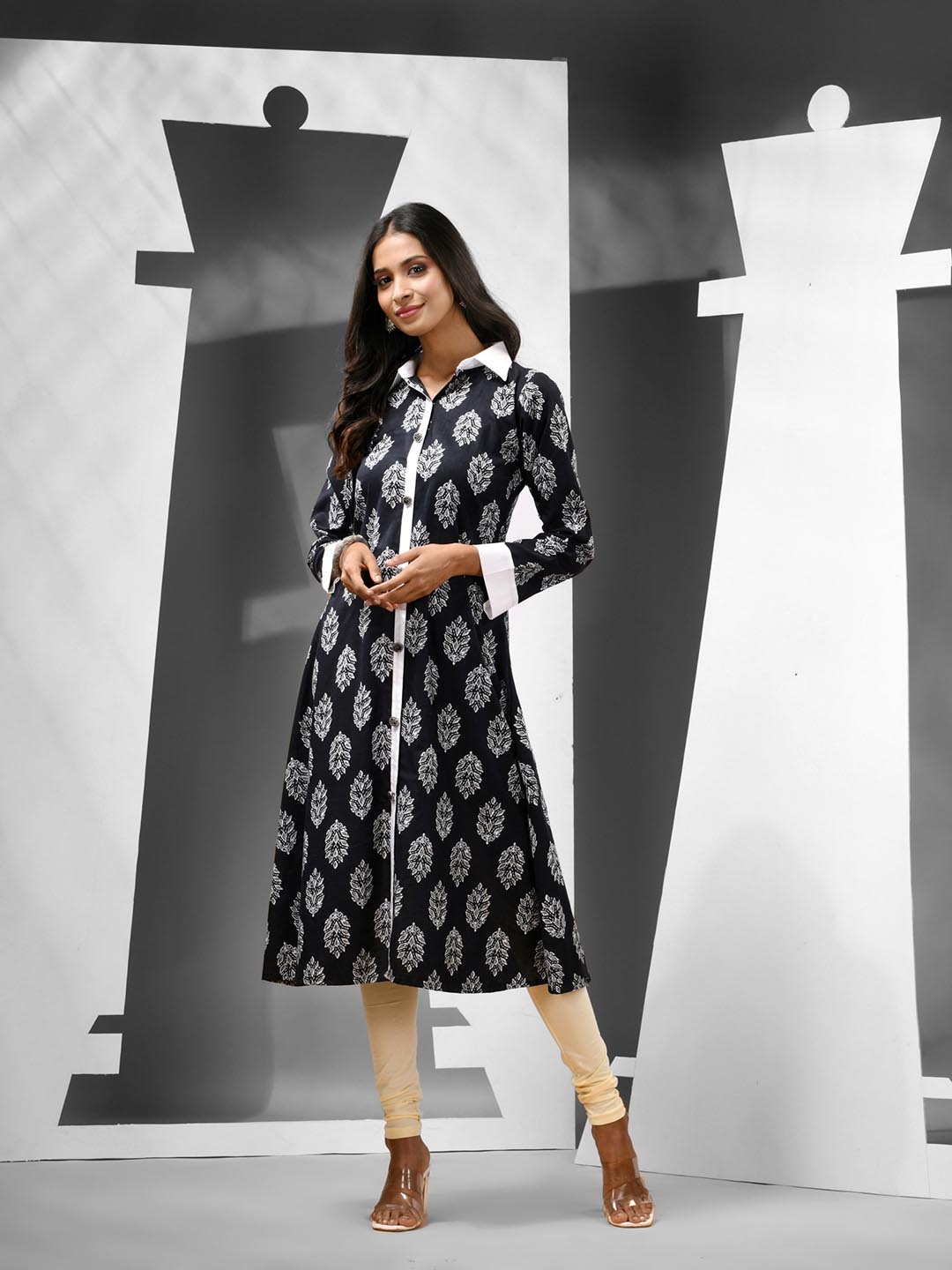 

Charukriti Ethnic Motifs Printed Shirt Collar Cotton A-Line Kurta, Black