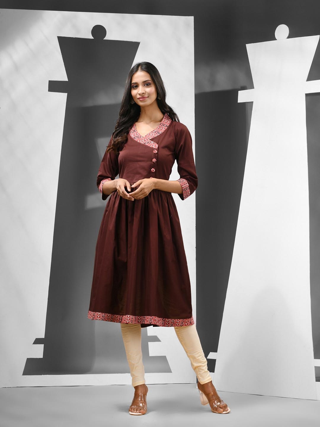 

Charukriti V-Neck Cotton A-Line Kurta, Brown