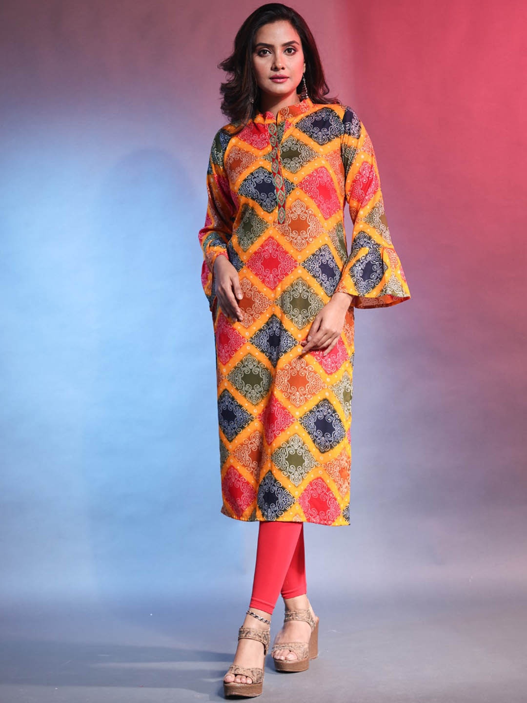 

Charukriti Bandhani Printed Mandarin Collar Flared Sleeves Straight Kurta, Orange