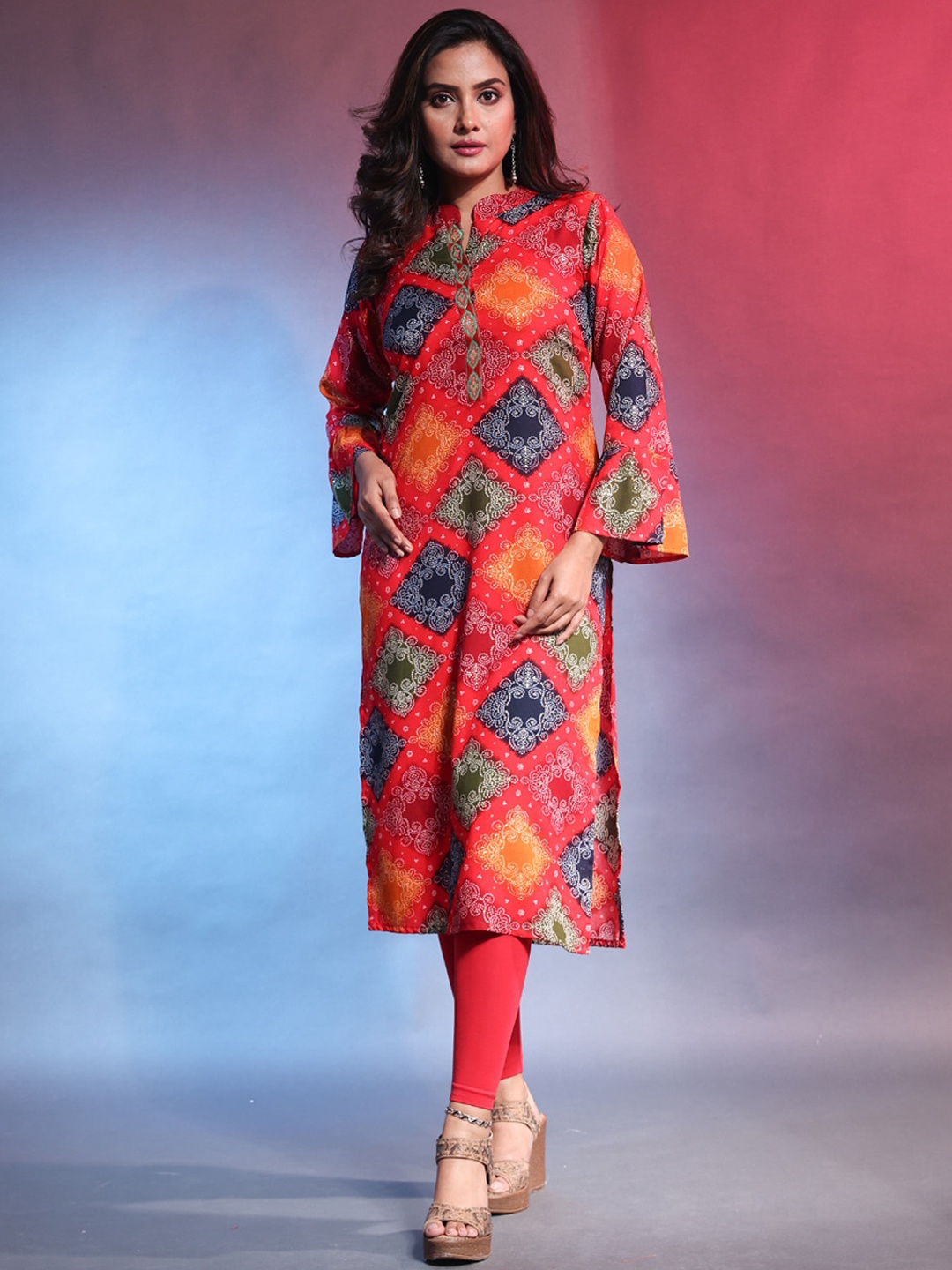 

Charukriti Bandhani Printed Mandarin Collar Flared Sleeves Straight Kurta, Orange