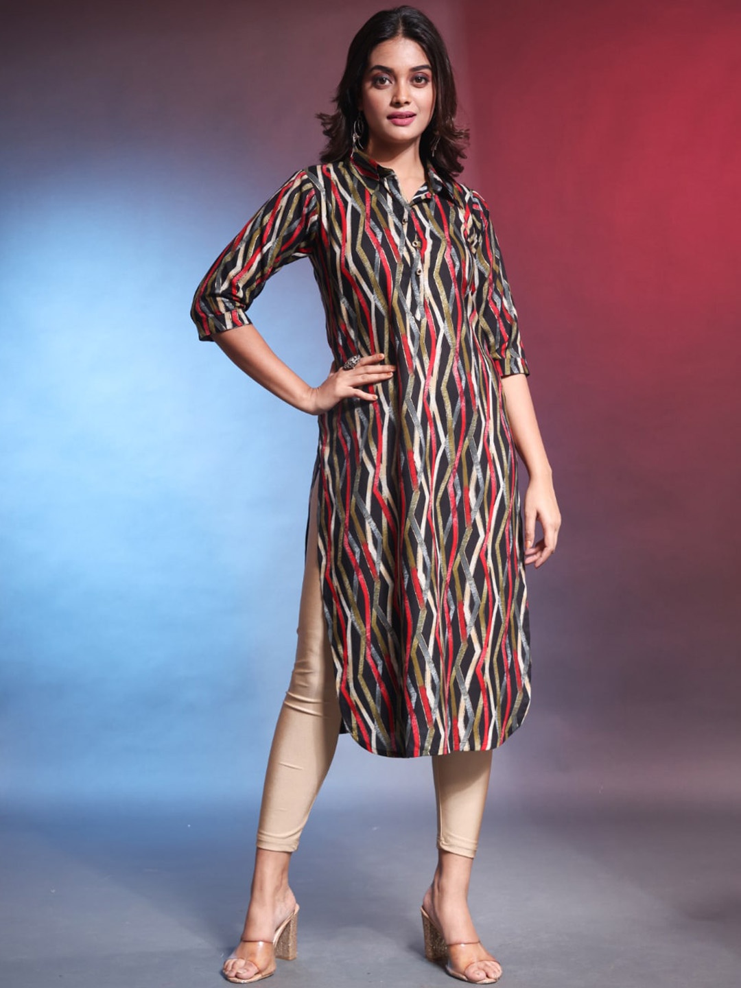 

Charukriti Striped Shirt Collar Straight Kurta, Black