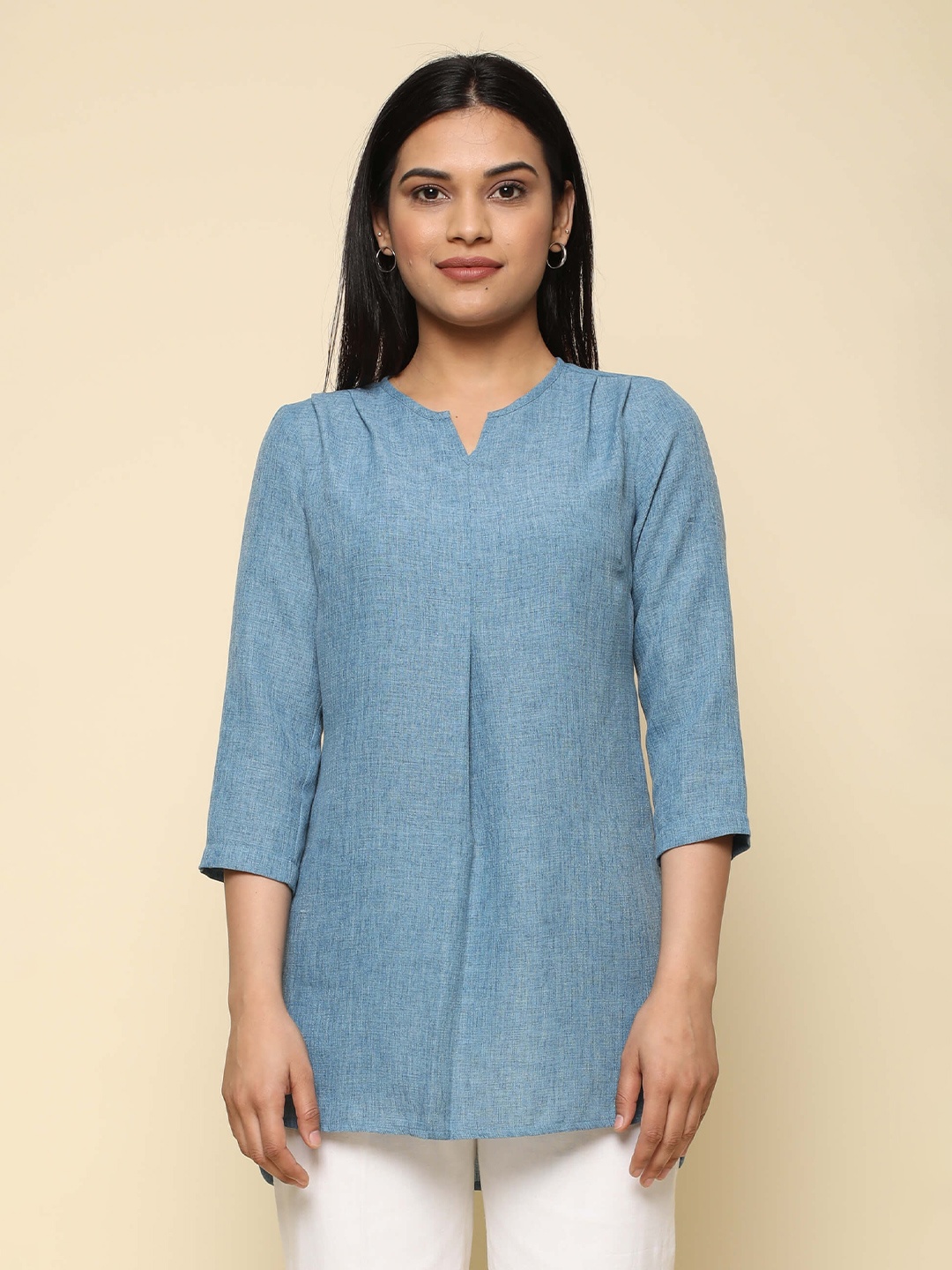 

SALT ATTIRE Three-Quarter Sleeves Linen Tunic, Blue