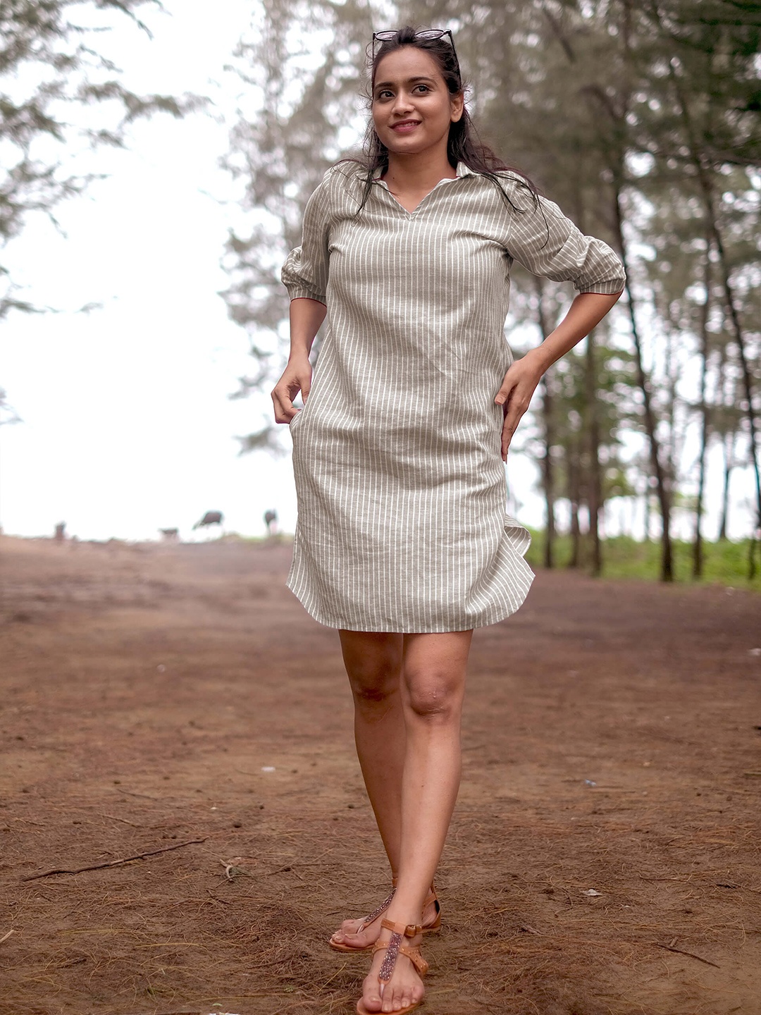 

SALT ATTIRE Shirt Collar A-Line Dress, Olive