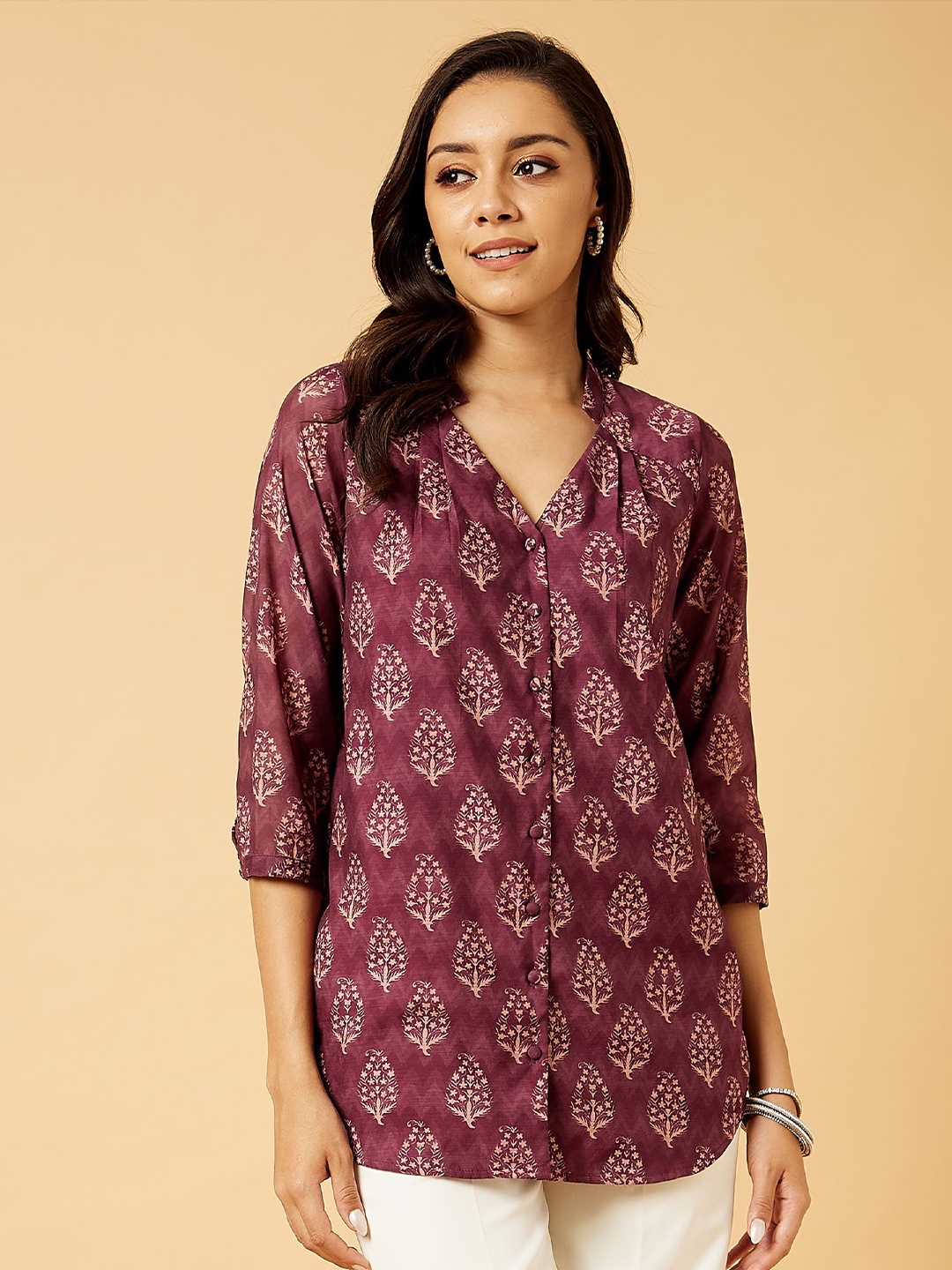 

SALT ATTIRE Ethnic Motifs Printed Mandarin Collar Silk Tunic, Maroon