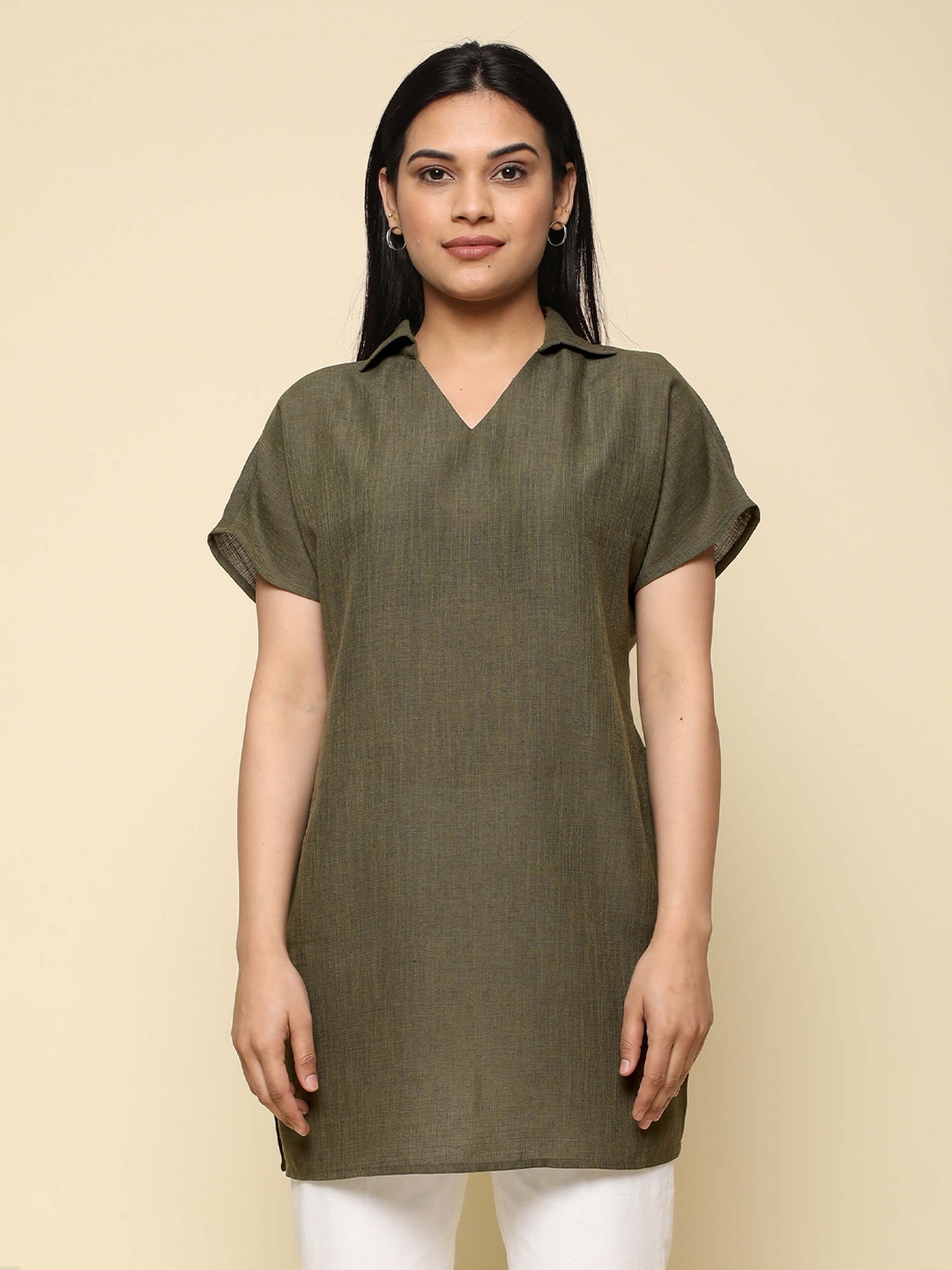 

SALT ATTIRE Shirt Collar Linen Tunic, Olive