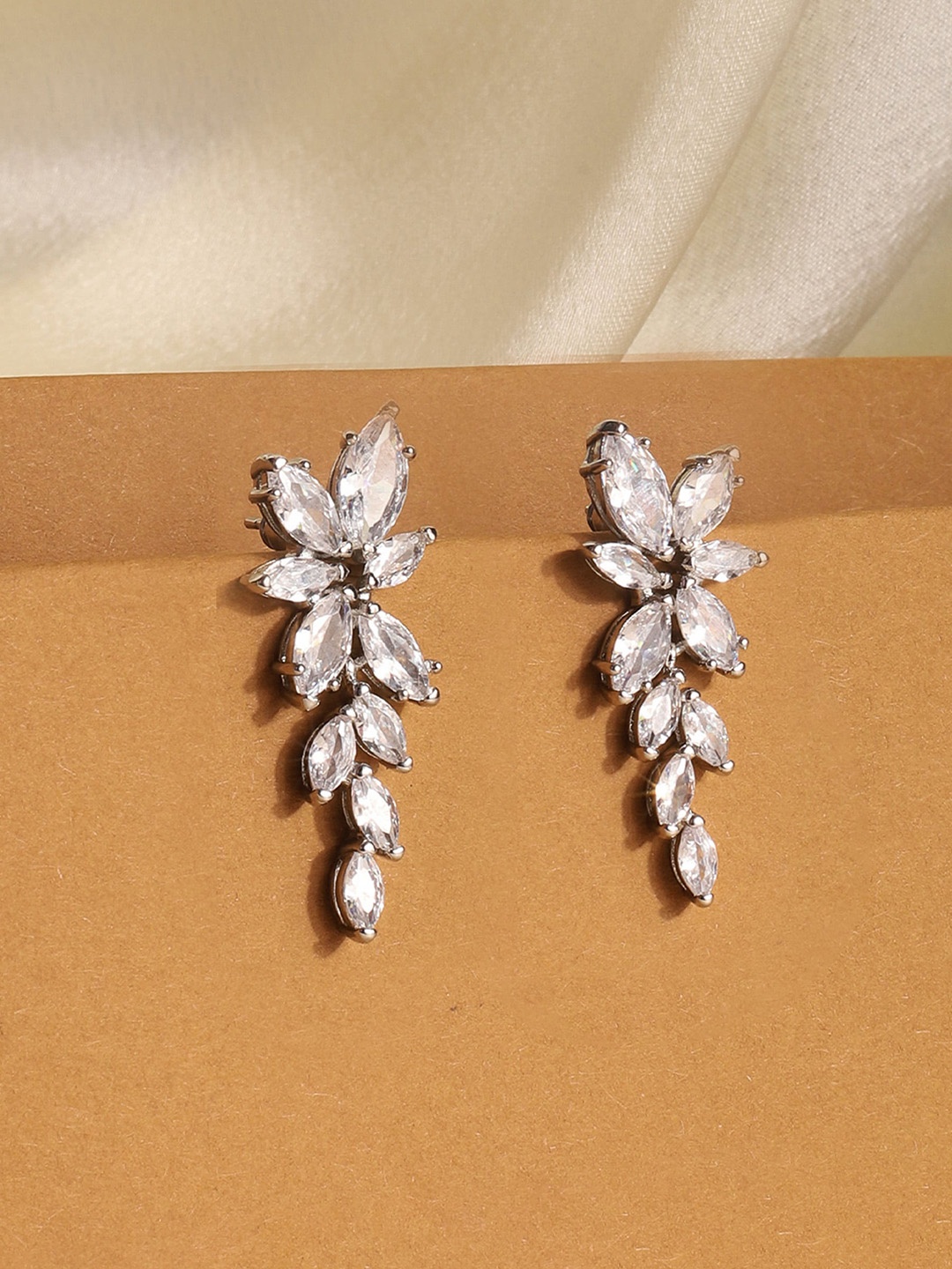 

Avyana Rhodium-Plated Cubic Zirconia Studded Contemporary Drop Earrings, White