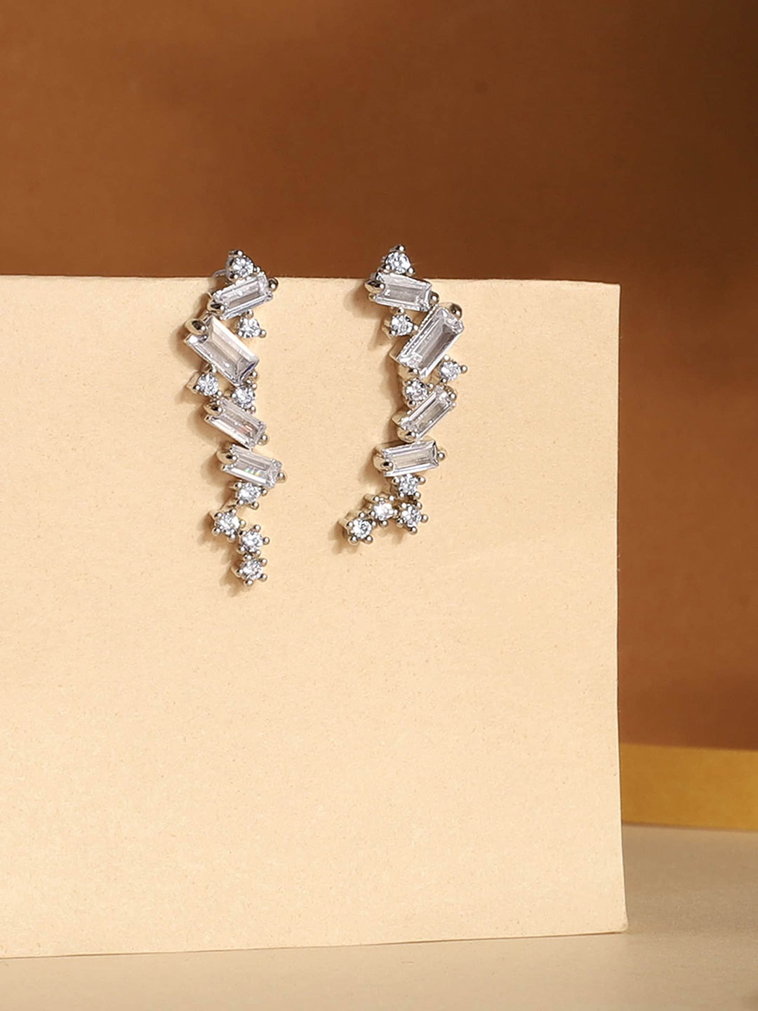 

Avyana Silver-Plated Cubic Zirconia Studded Contemporary Drop Earrings, White