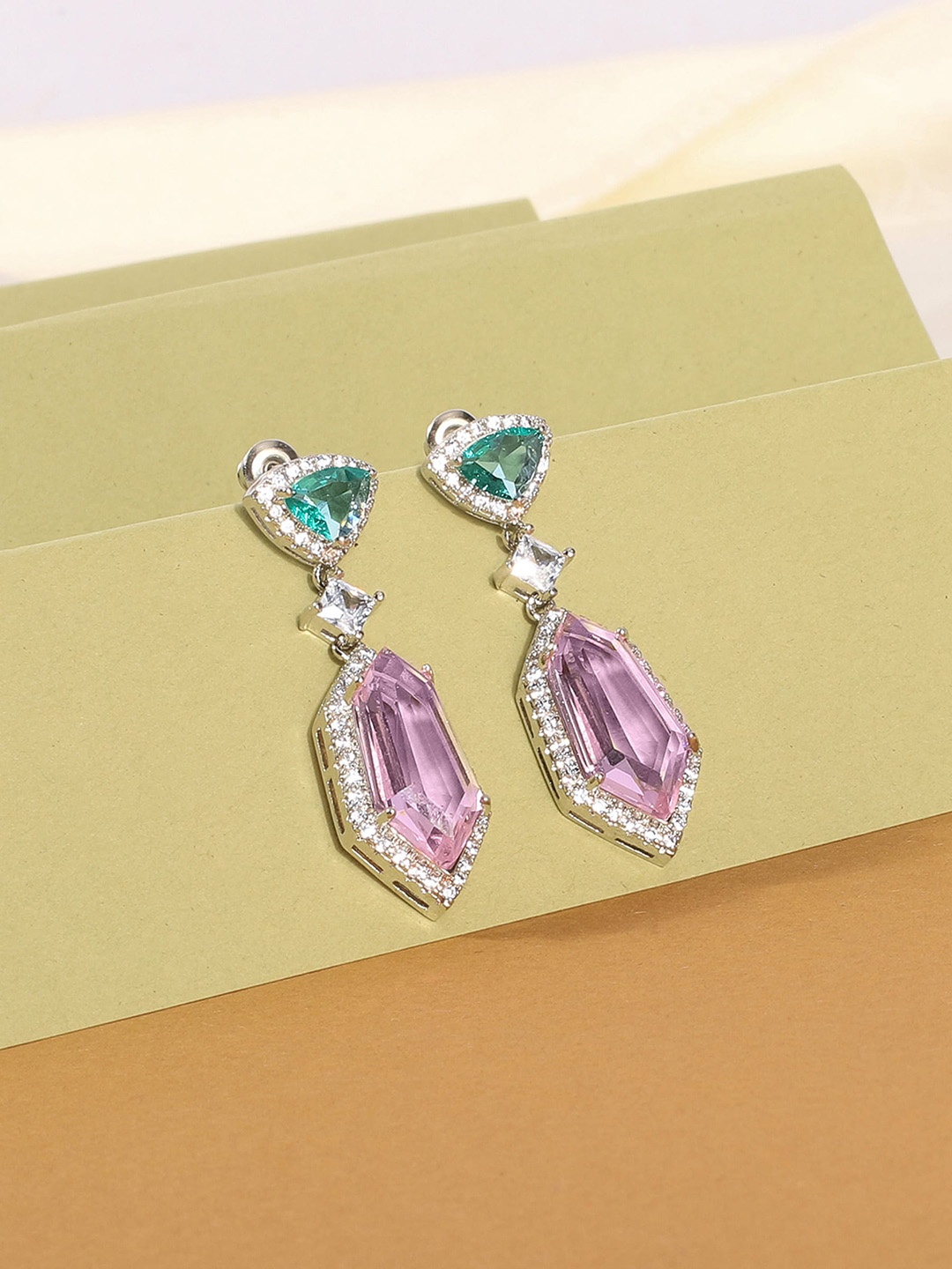 

Avyana Rhodium-Plated Cubic Zirconia Studded Contemporary Drop Earrings, Pink