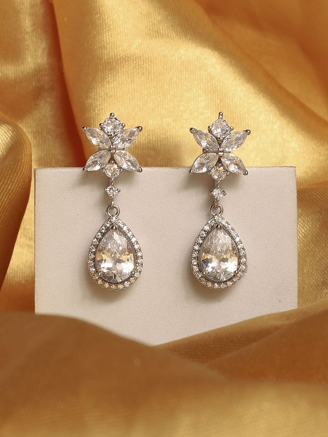 

Avyana Rhodium-Plated Cubic Zirconia Studded Contemporary Drop Earrings, White