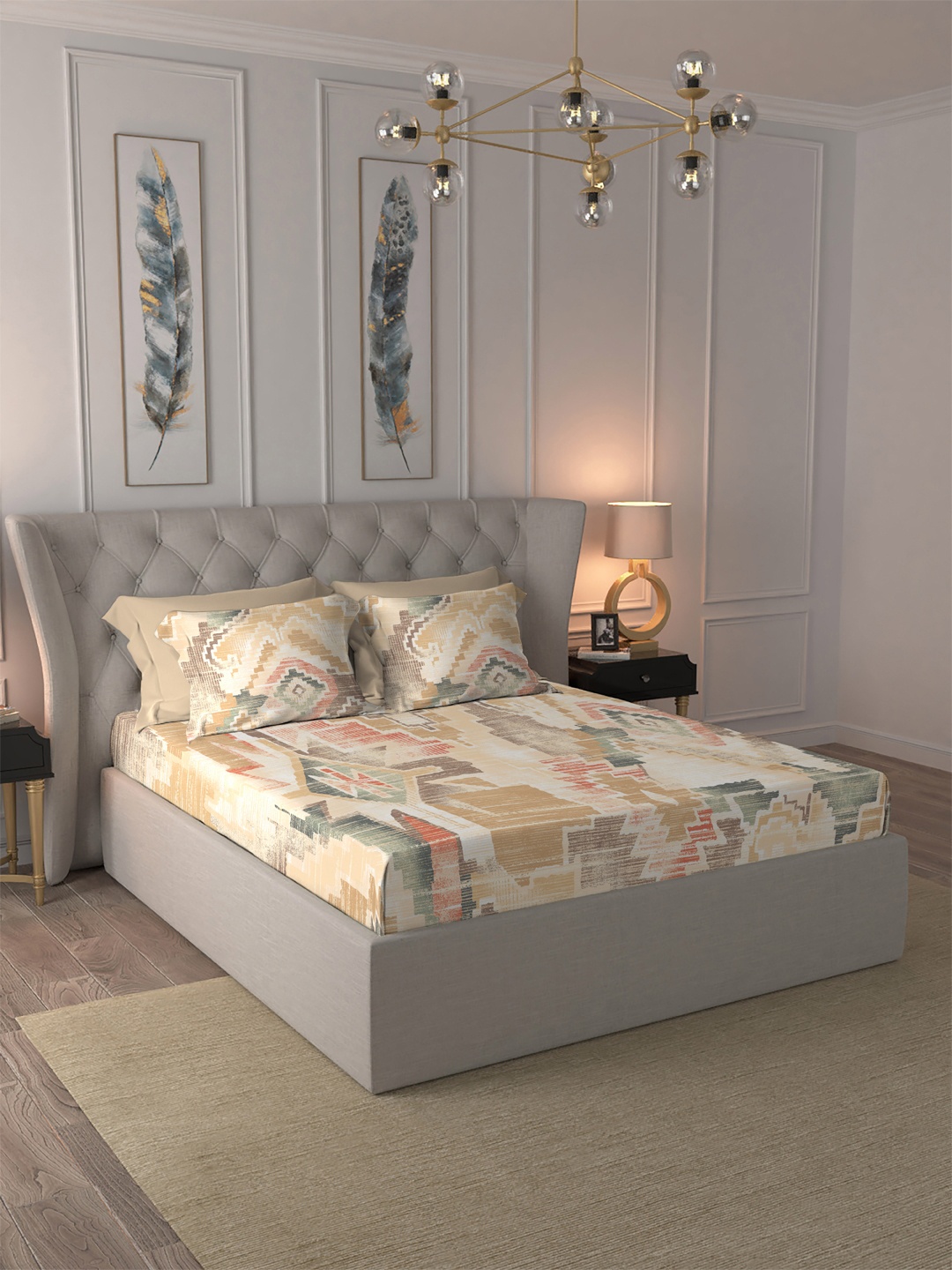 

MYTRIDENT Indulgence Peach Geometric Cotton 300 TC King Bedsheet With 4 Pillow Covers