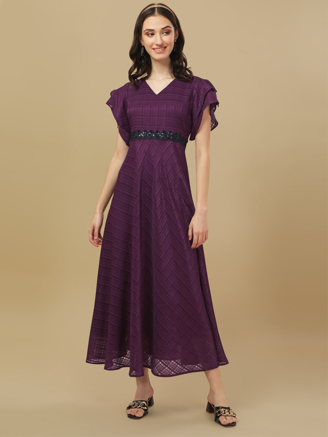 

KALINI Self Design V-Neck Flared Sleeves Maxi Dress, Purple