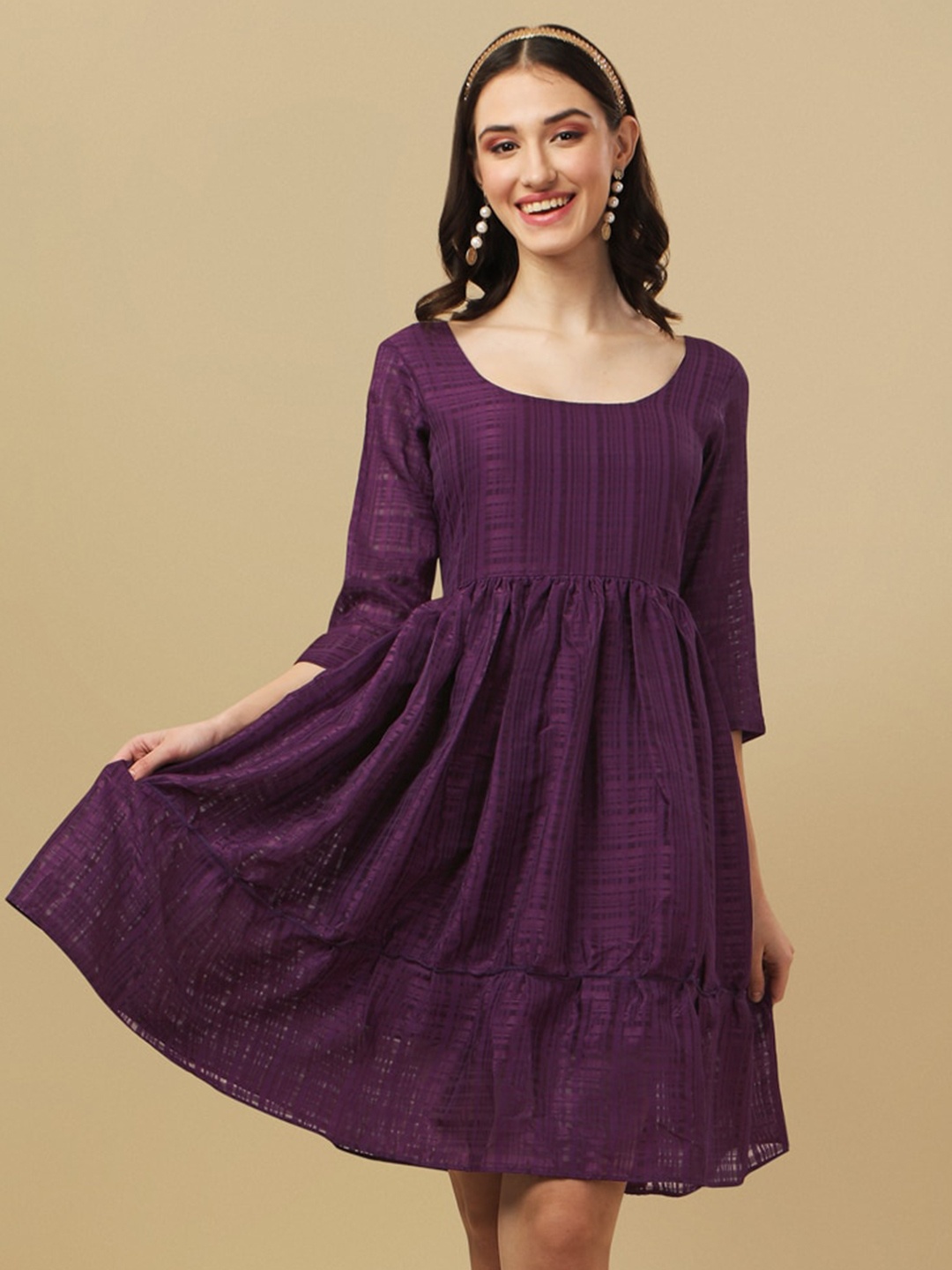 

KALINI Round Neck Regular Sleeves Fit & Flare Dress, Purple