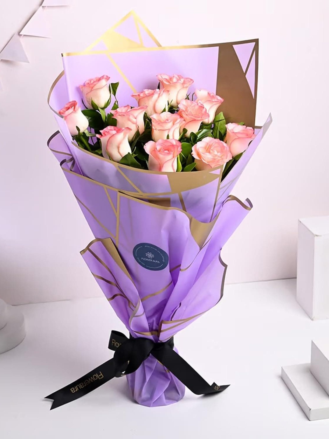 

Floweraura Pink and Purple 12 Pieces Live Roses Flowers Bouquet With Wrapping Paper