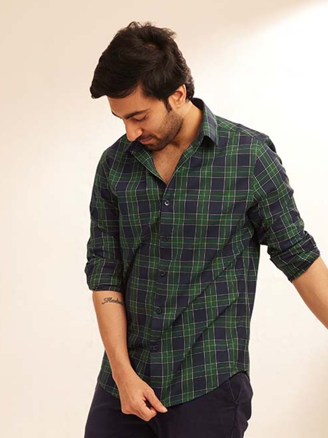 

The Bleu Label Classic Slim Fit Tartan Checks Spread Collar Cotton Casual Shirt, Green
