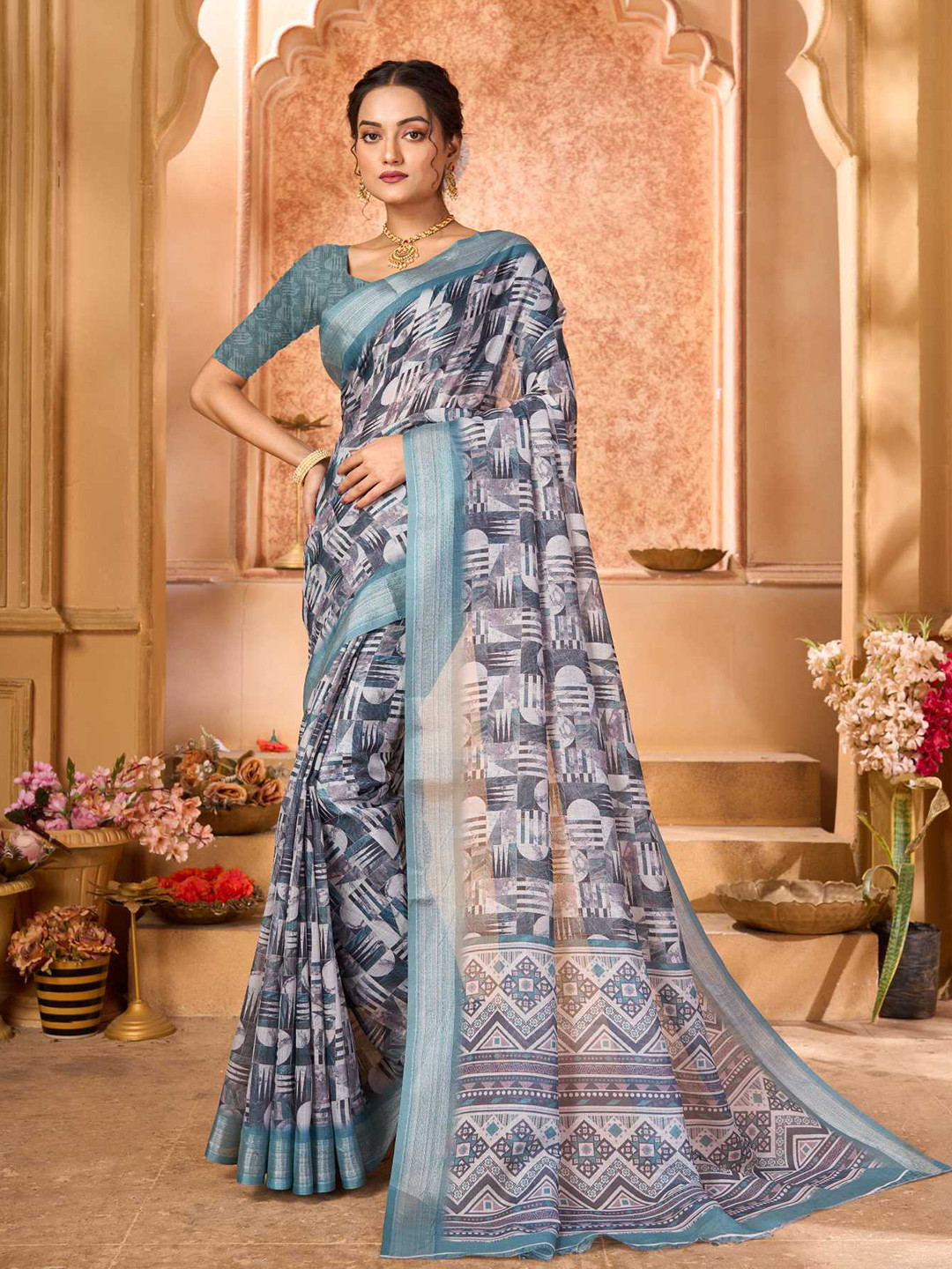 

KALINI Geometric Printed Zari Mysore Silk Saree, Green