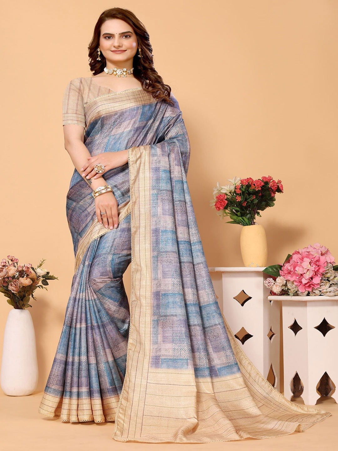

ARYZE Abstract Printed Embroidered Saree, Blue
