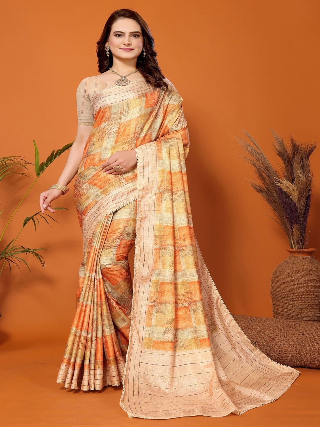 

ARYZE Abstract Printed Embroidered Saree, Yellow