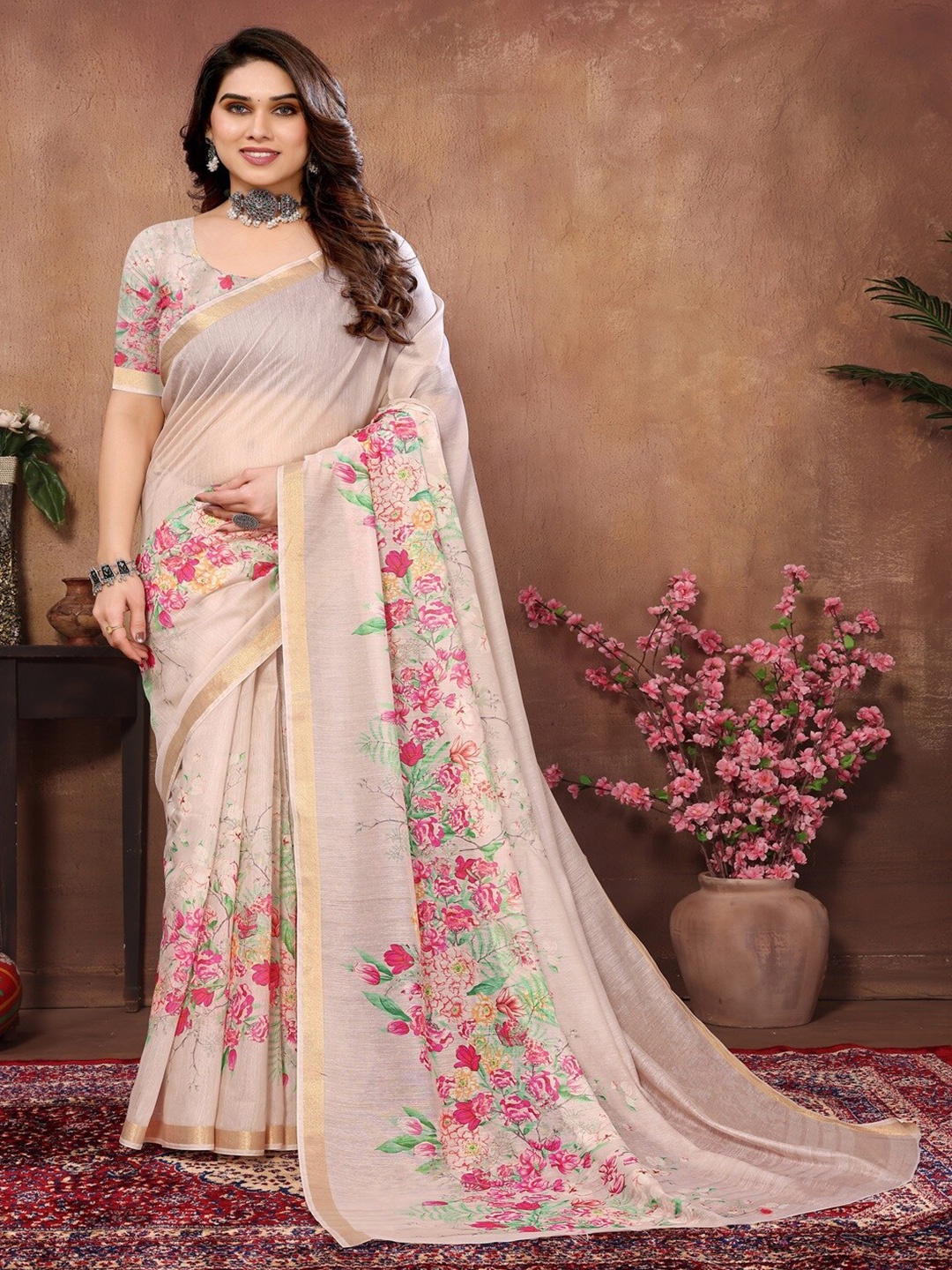 

ARYZE Floral Printed Zari Saree, Mauve