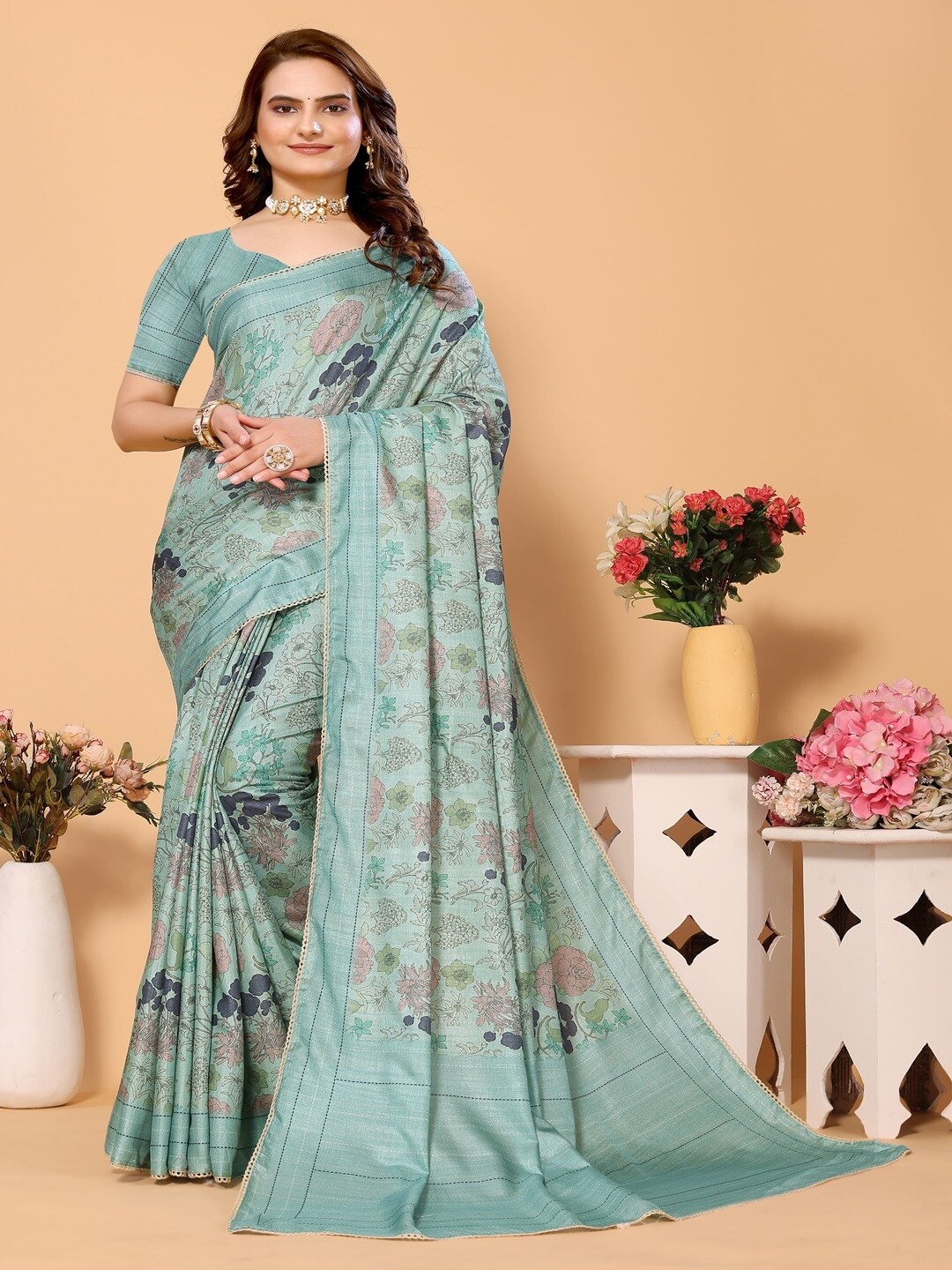 

ARYZE Floral Printed Saree, Blue