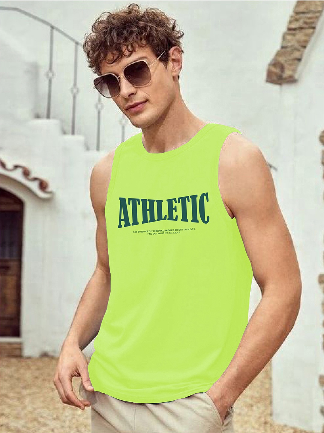 CHKOKKO Round Neck Sleeveless Typographic Printed Cotton Tank Tops, Green