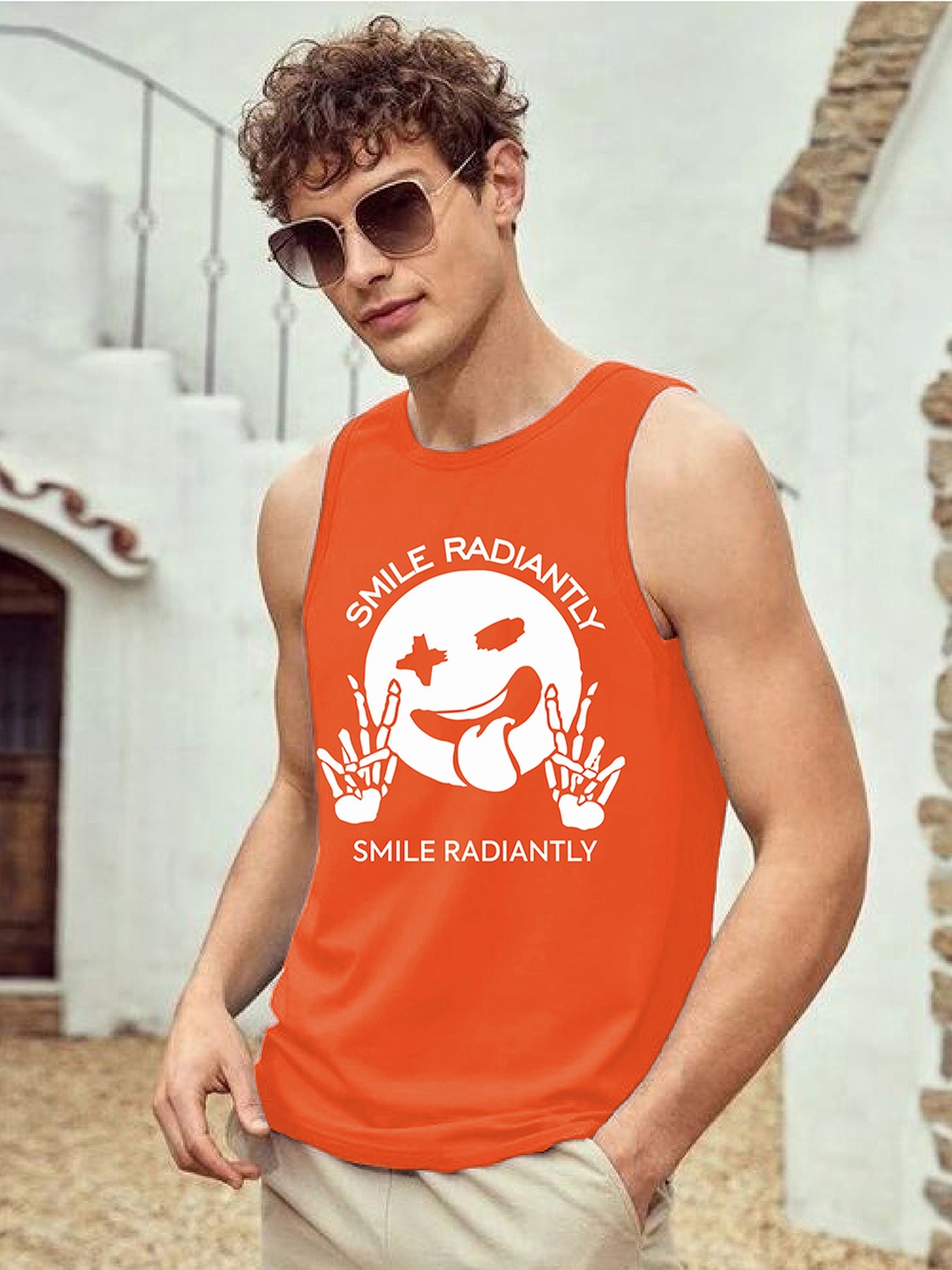 

CHKOKKO Round Neck Sleeveless Graphic Printed Regular Fit Cotton Tank Top, Orange