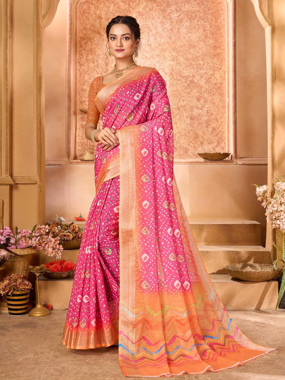 

KALINI Bandhani Printed Zari Mysore Silk Saree, Pink