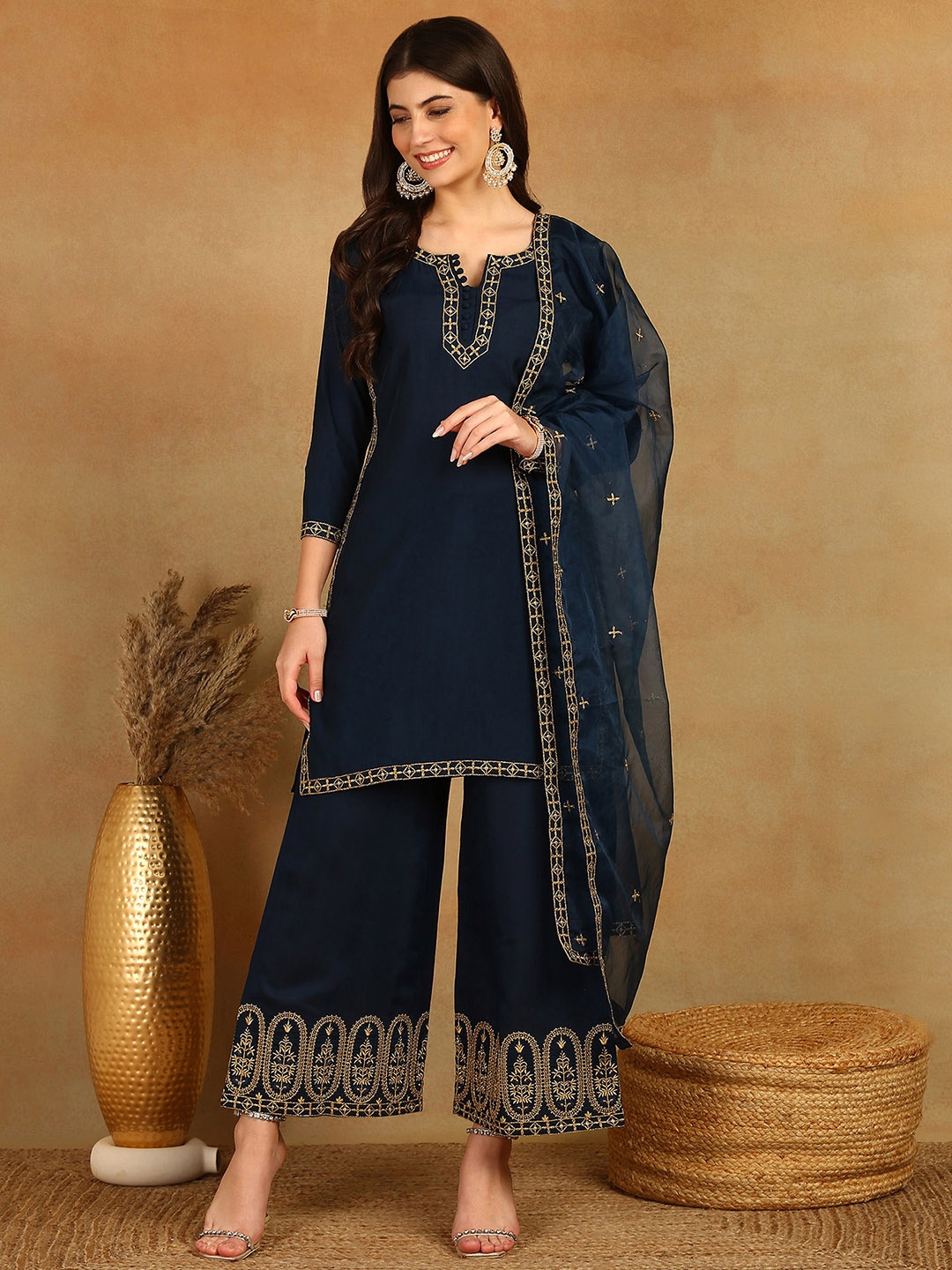 

AHIKA Blue Geometric Embroidered Notch Neck Straight Kurta With Palazzo & Dupatta