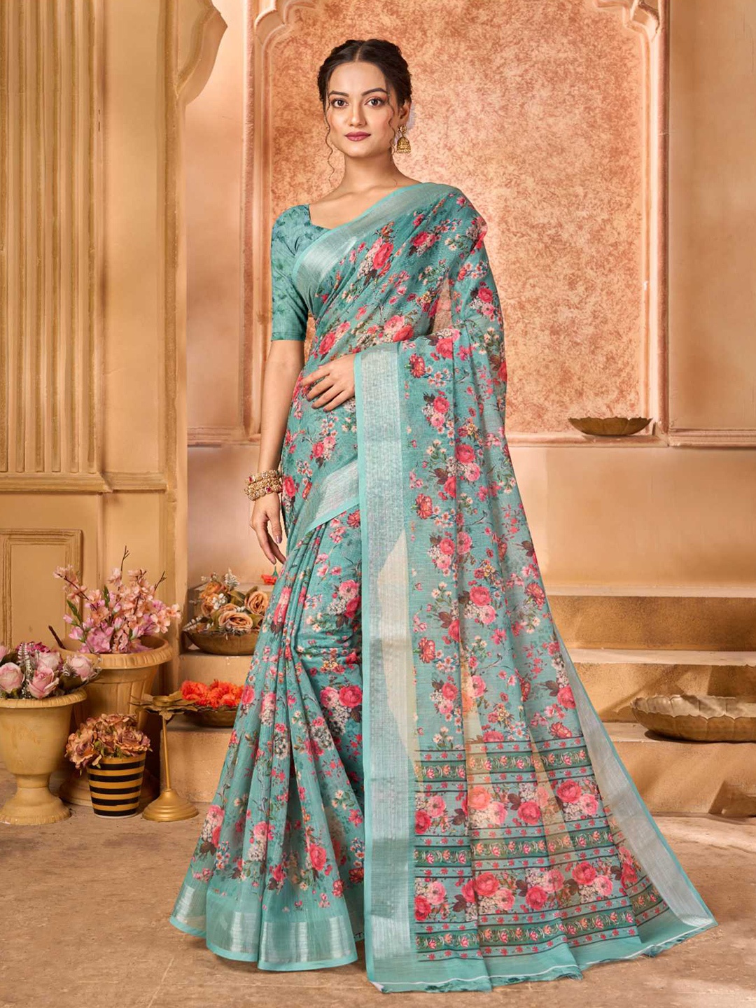 

KALINI Floral Printed Zari Saree, Blue