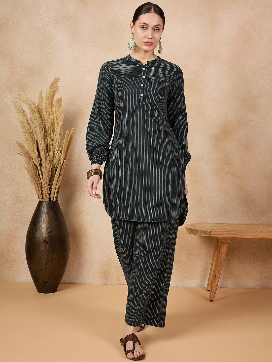 

Anouk Striped Regular Pure Cotton Straight Kurta with Trousers, Green