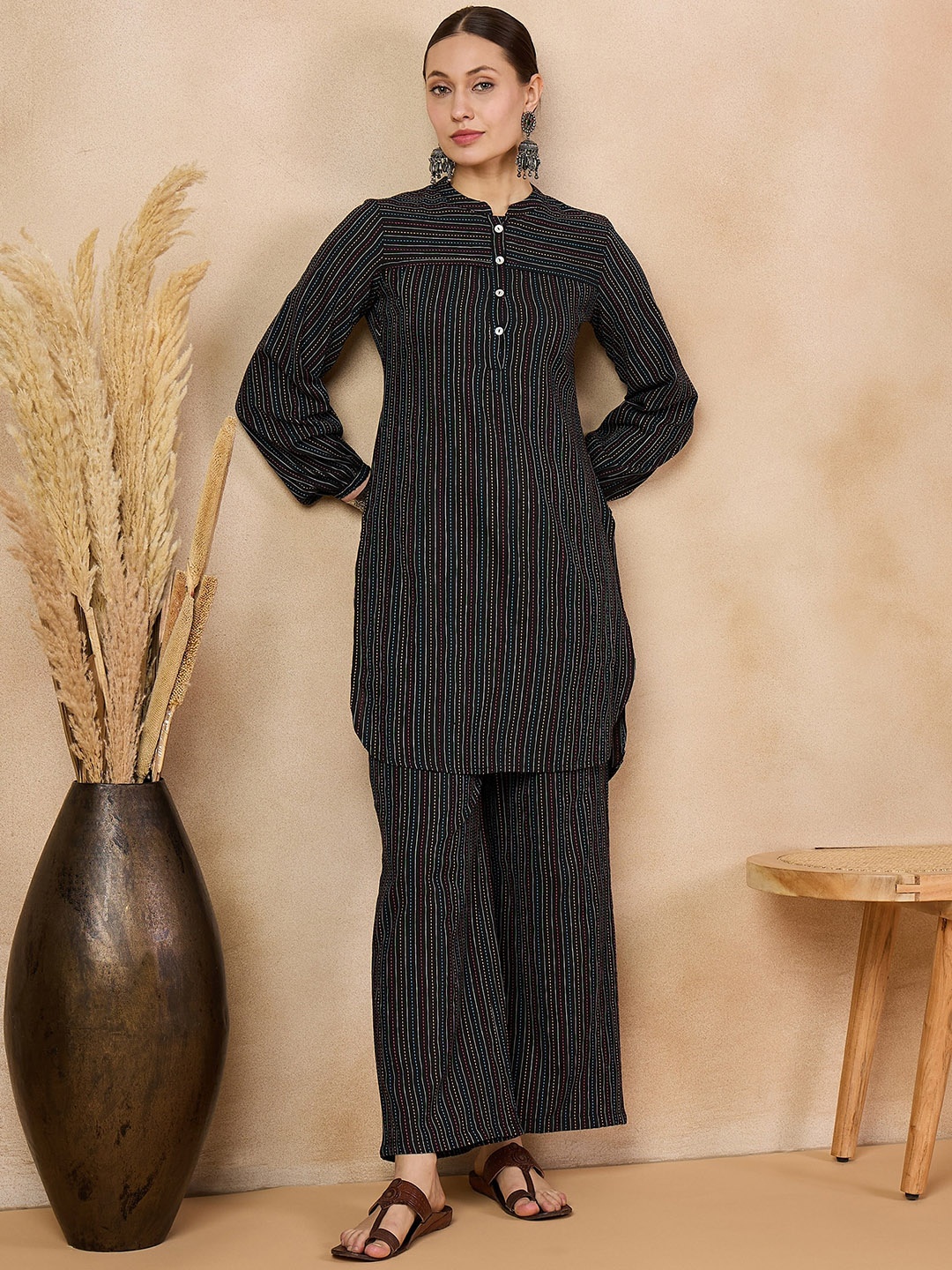 

Anouk Striped Regular Pure Cotton Straight Kurta with Trousers, Black